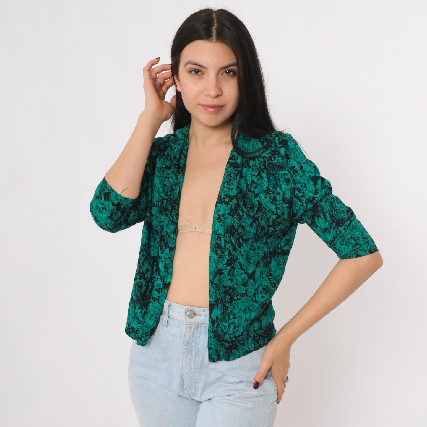 80s Jazzy Rayon Blouse Puff Sleeve Abstract Floral Green Black Small
