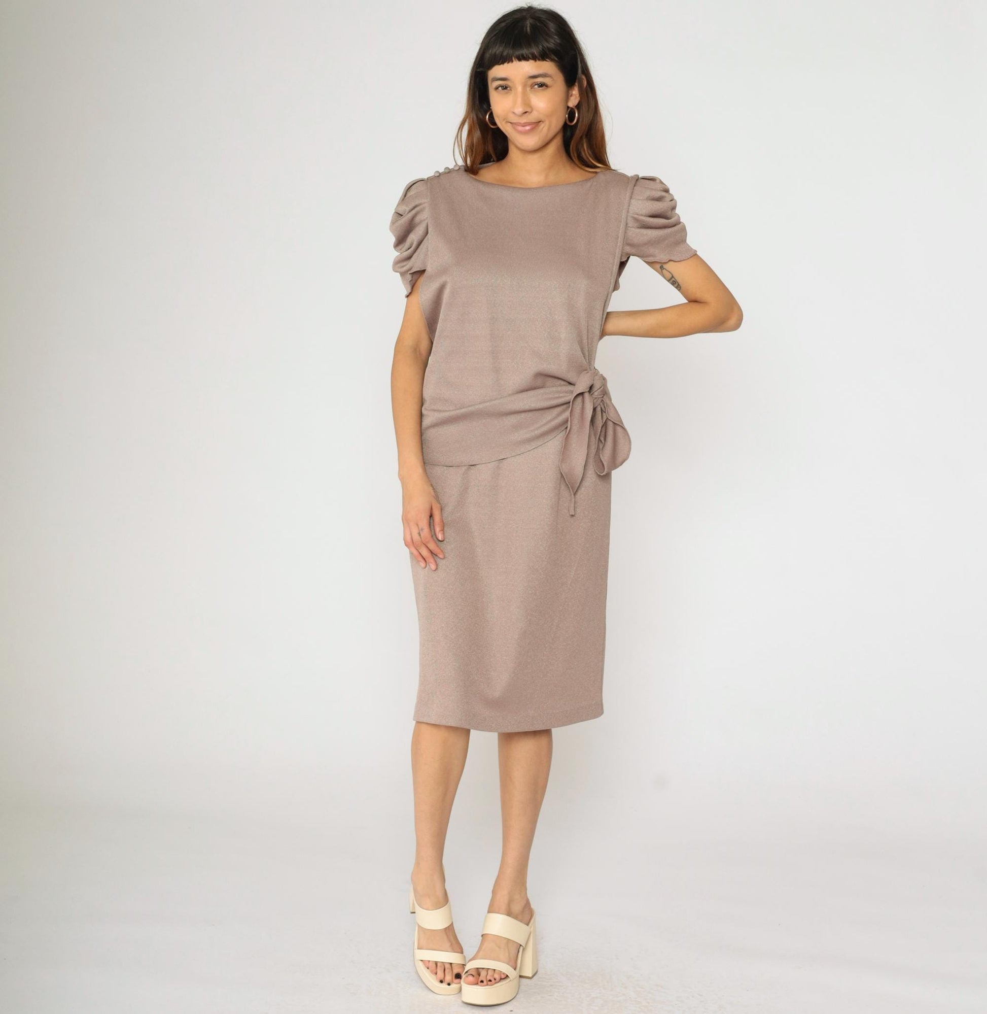 80s Taupe Puff Sleeve Midi Dress Metallic Knit Side Tie Waist Medium