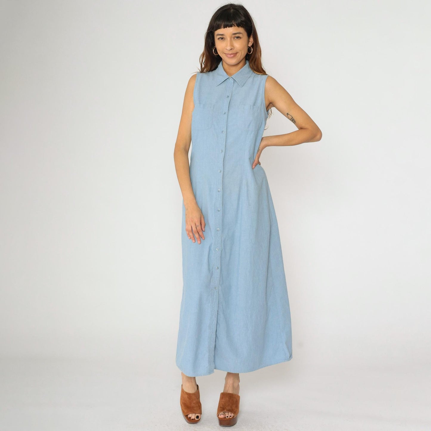 90s Blue Chambray Button-Up Midi Dress Sleeveless Collared A-Line Small S