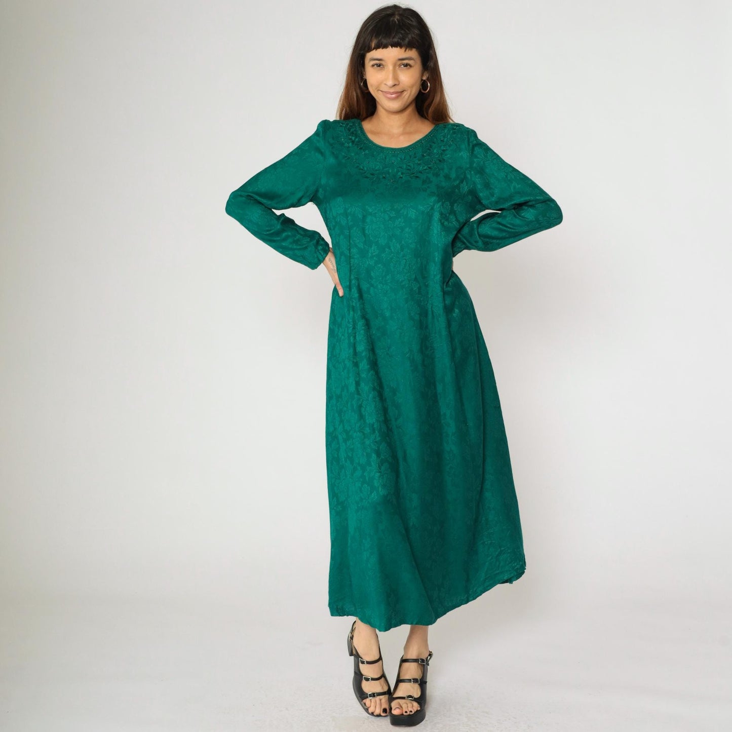 90s Sarah Elizabeth Green Floral Jacquard Maxi Dress Beaded Embroidered Medium 8