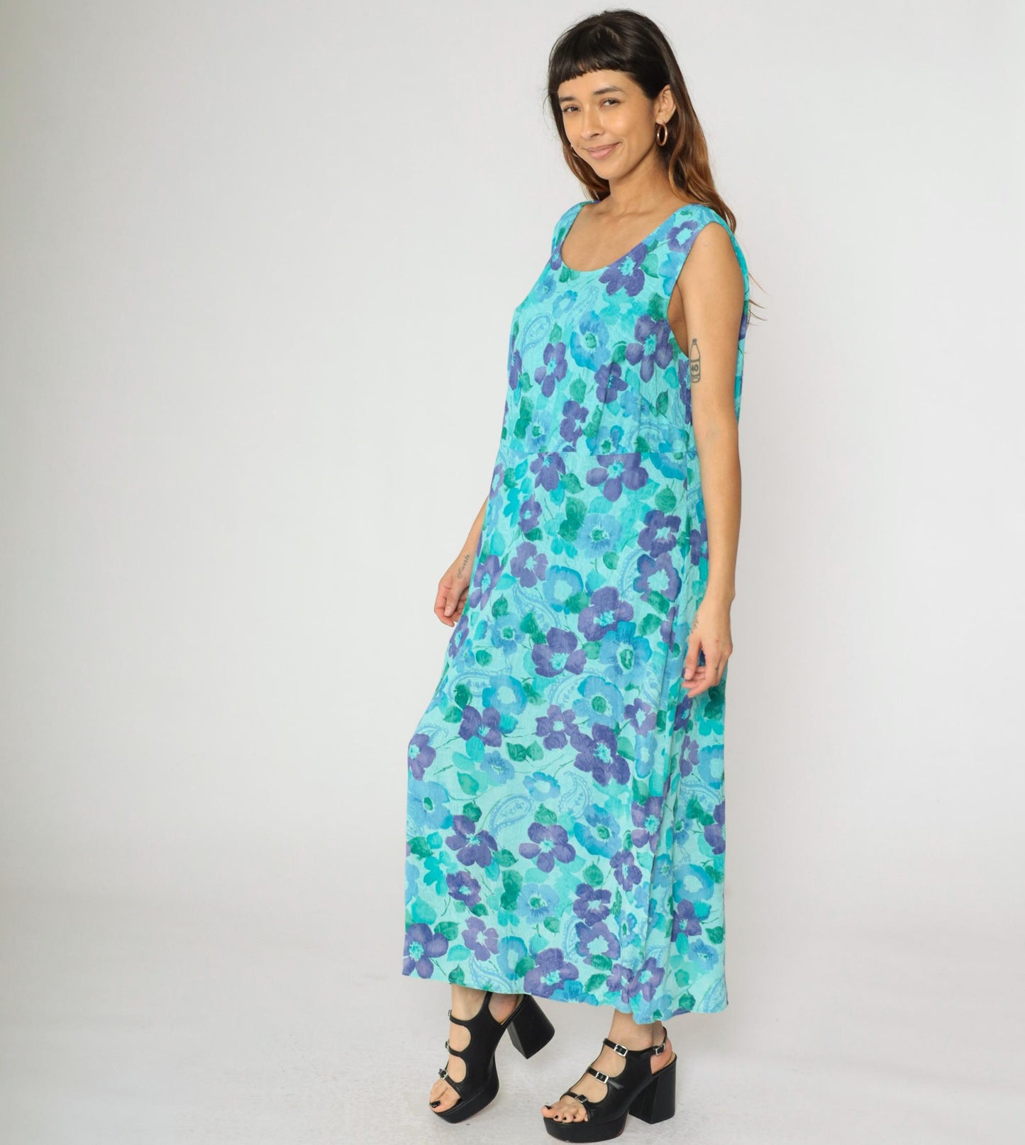 90s Aqua Watercolor Floral Paisley Maxi Dress Sleeveless Rayon Plus Size XXL