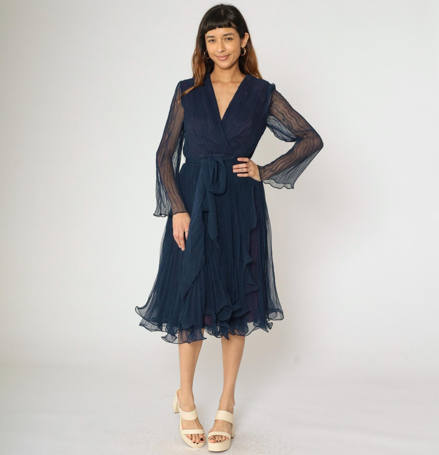 70s Navy Chiffon Midi Dress Pleated V-Neck Sheer Sleeves High Waist Small
