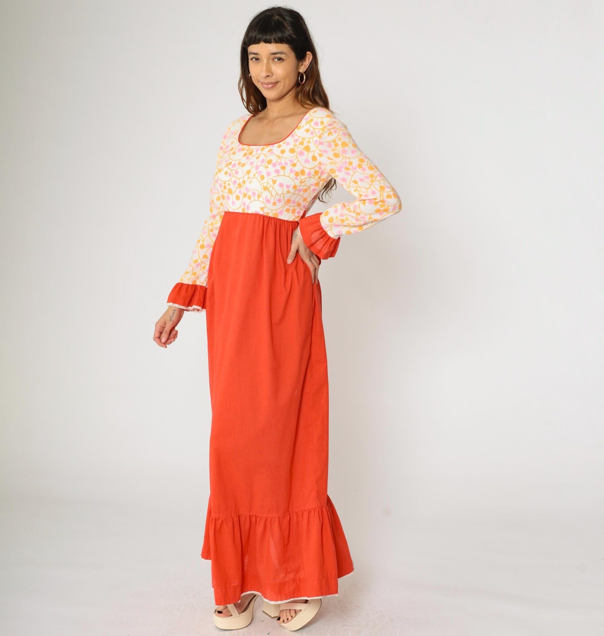 70s Floral Maxi Dress Puff Sleeve High Waist Orange White Prairie Medium