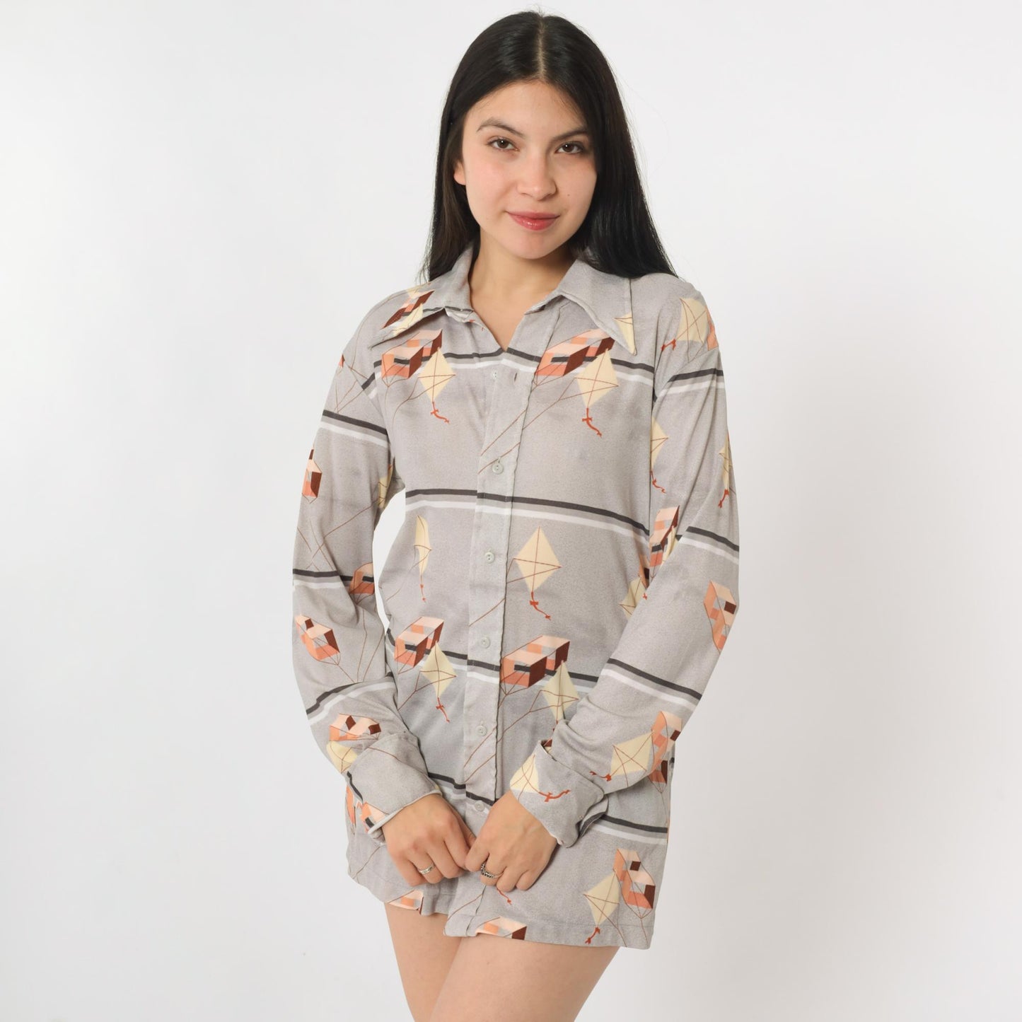 70s Huk-A-Poo Kite Print Button Up Shirt Grey Pointed Collar Medium