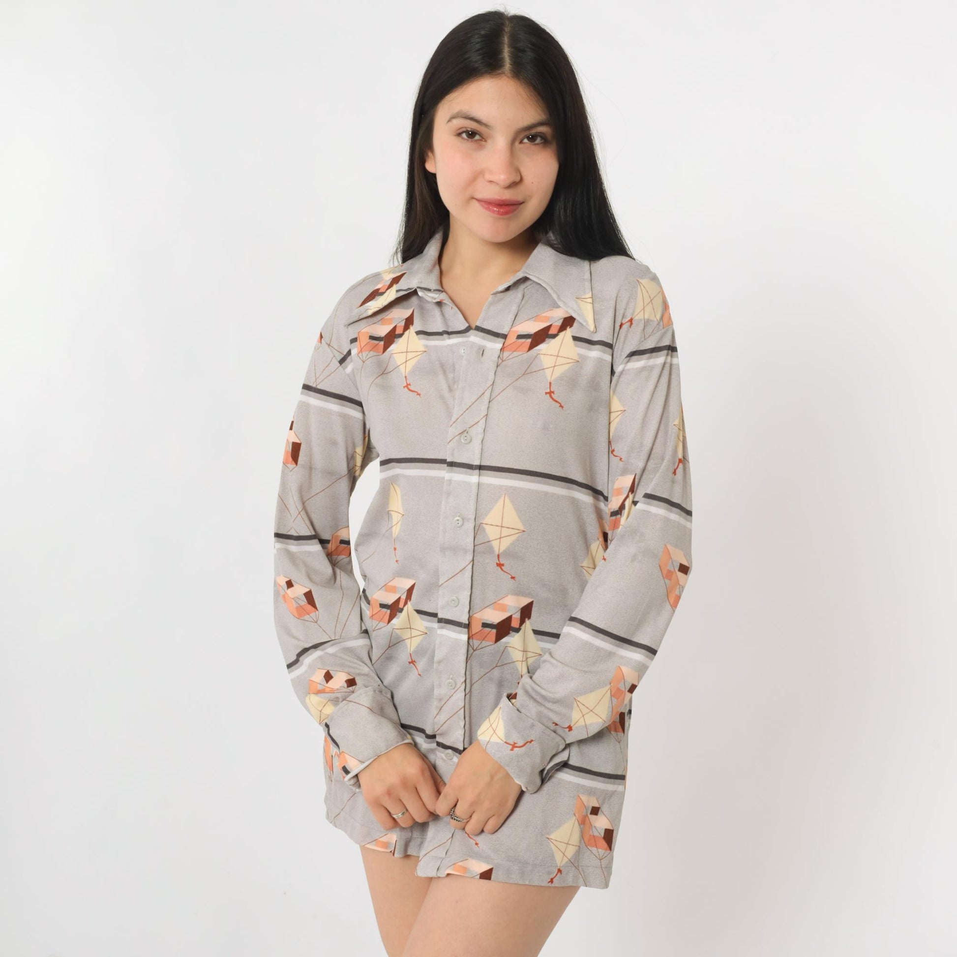70s Huk-A-Poo Kite Print Button Up Shirt Grey Pointed Collar Medium