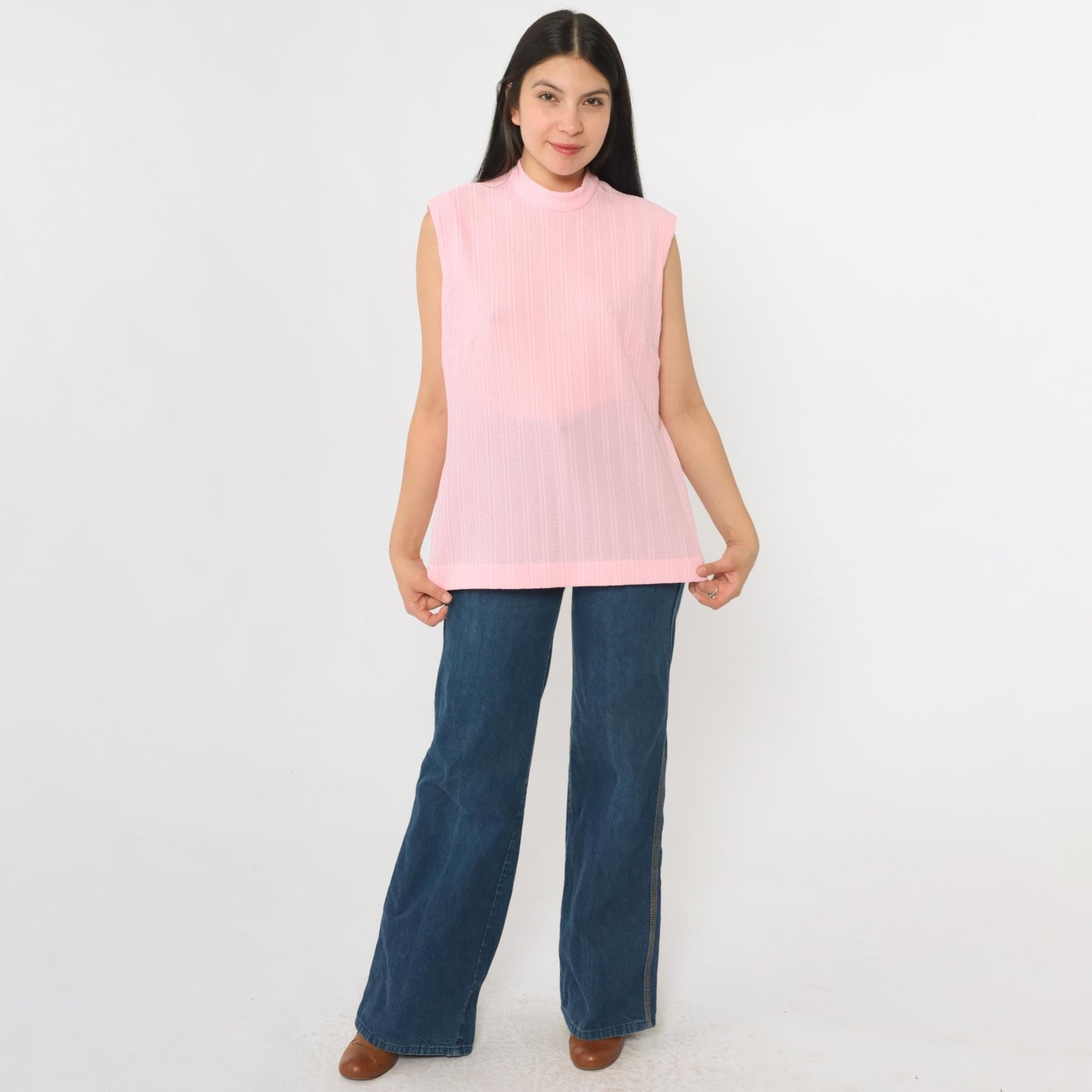 70s Pink Mock Neck Tank Top Ribbed Sleeveless Blouse Large