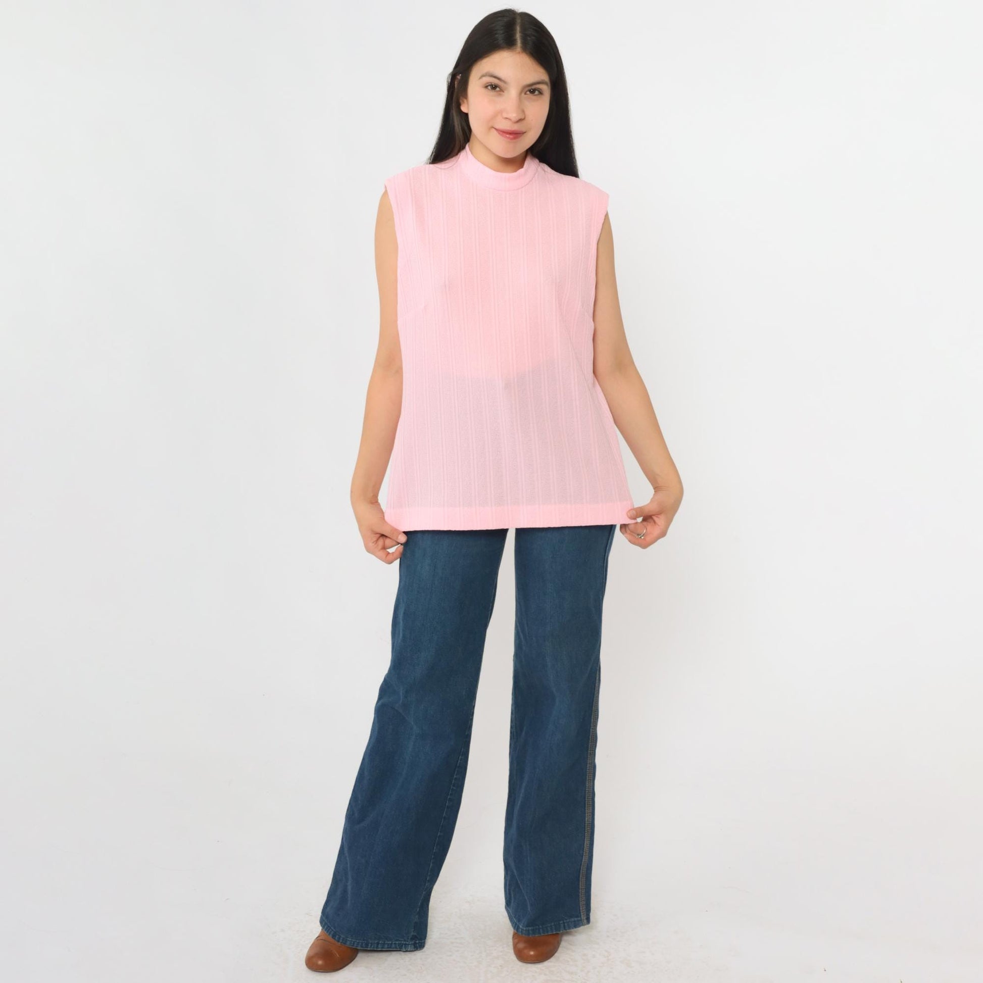 70s Pink Mock Neck Tank Top Ribbed Sleeveless Blouse Large