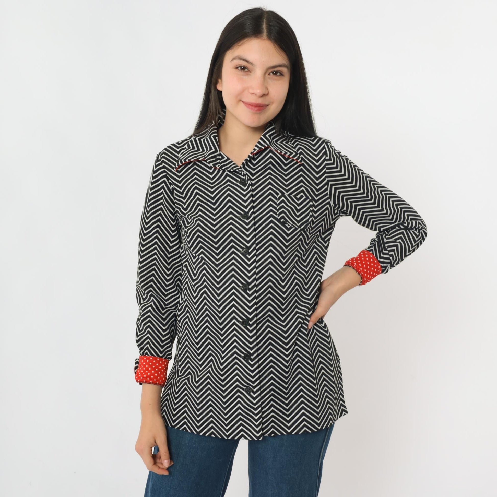 70s Black White Striped Button Up Blouse Dagger Collar Long Sleeve Small Medium