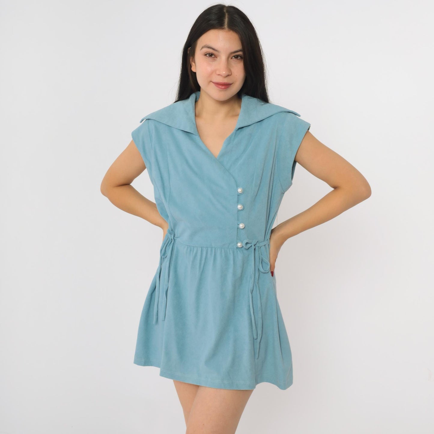 70s Blue Velour Mini Dress Asymmetrical Pearl Buttons Cap Sleeve Medium M