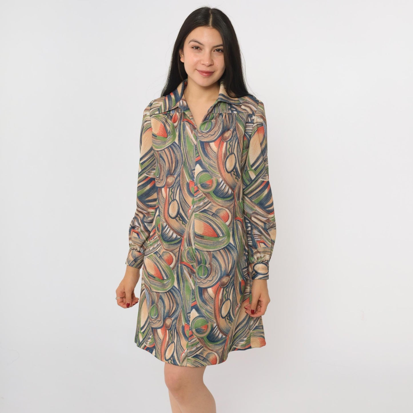 70s Geometric Abstract Print Shift Dress Long Sleeve Mini Length Medium M