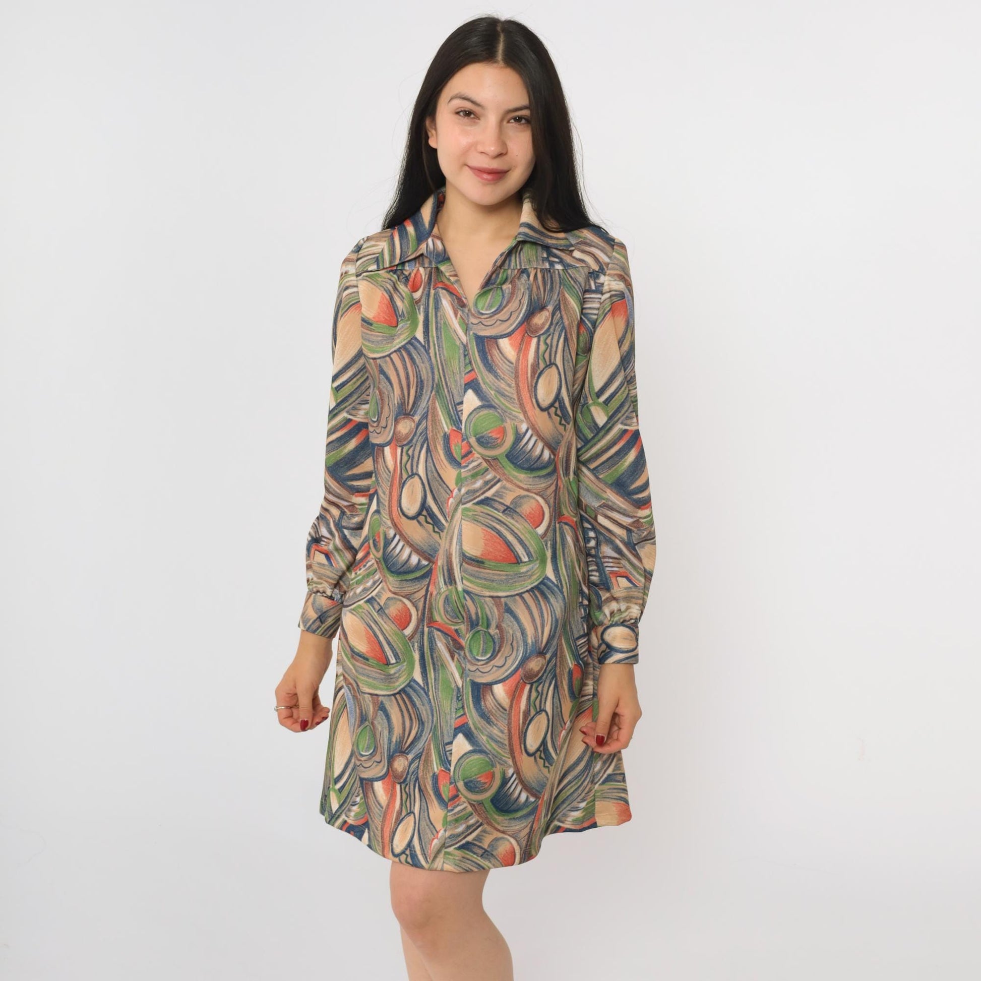 70s Geometric Abstract Print Shift Dress Long Sleeve Mini Length Medium M