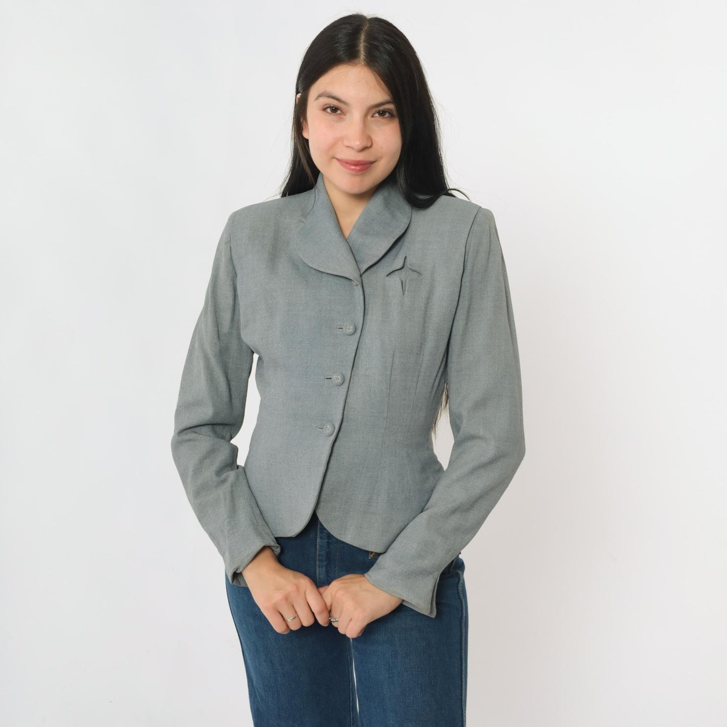1940s Grey Wool Blazer Cropped Sculpted Waist Shawl Collar Extra Small