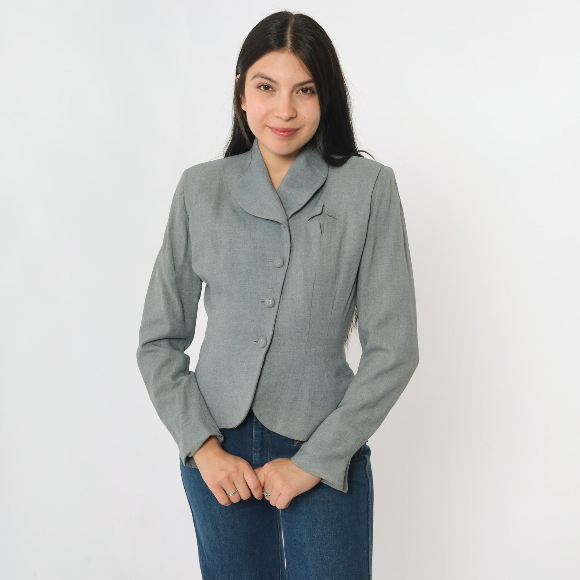 1940s Grey Wool Blazer Cropped Sculpted Waist Shawl Collar Extra Small