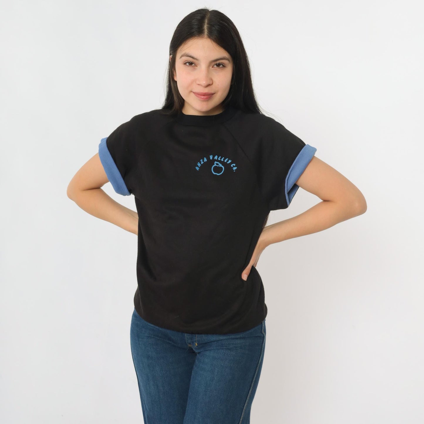 80s Anza Valley California Apple Graphic T-Shirt Black Cuffed Sleeve Small