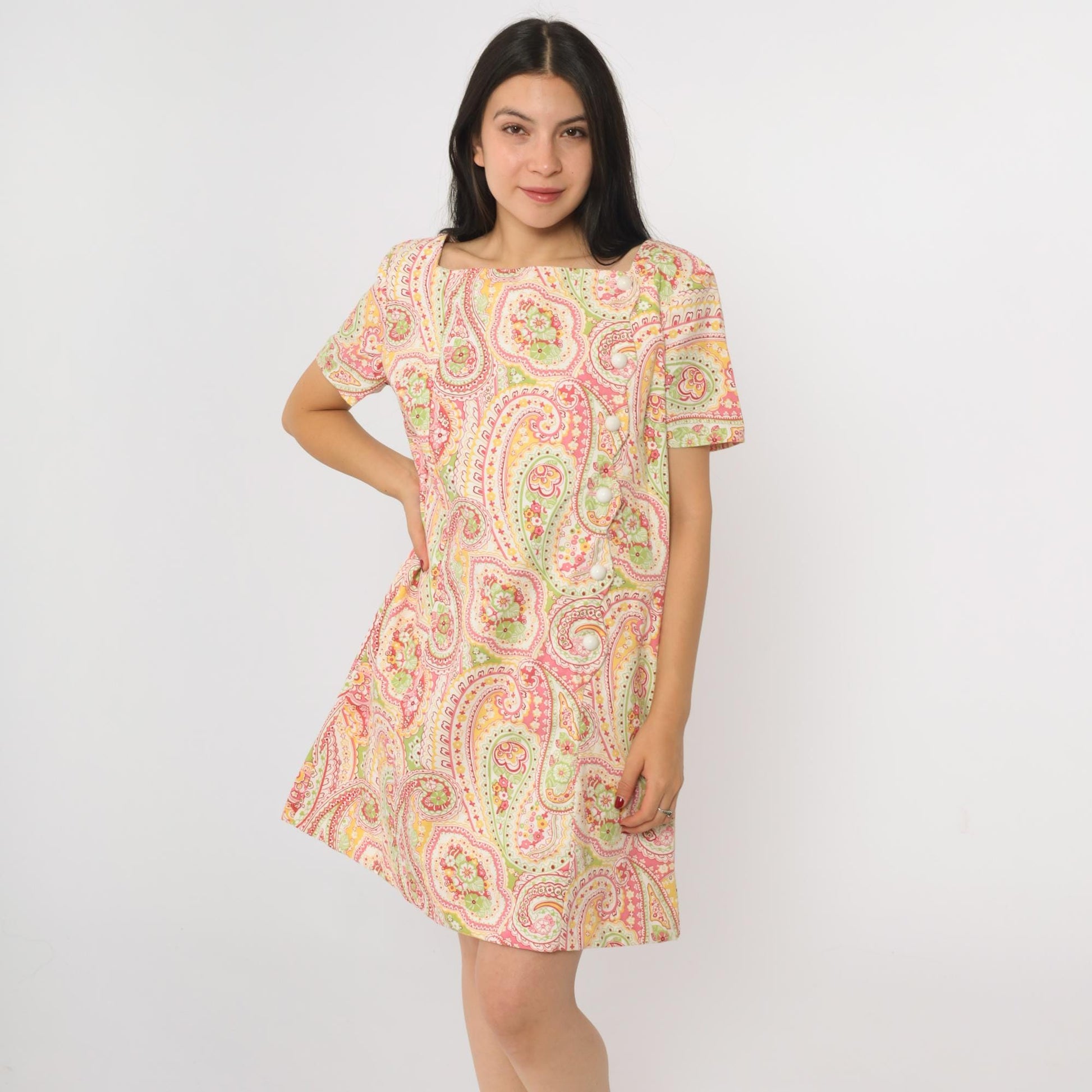90s Paisley Mini Dress Psychedelic Print Asymmetrical Button Shift Medium Large