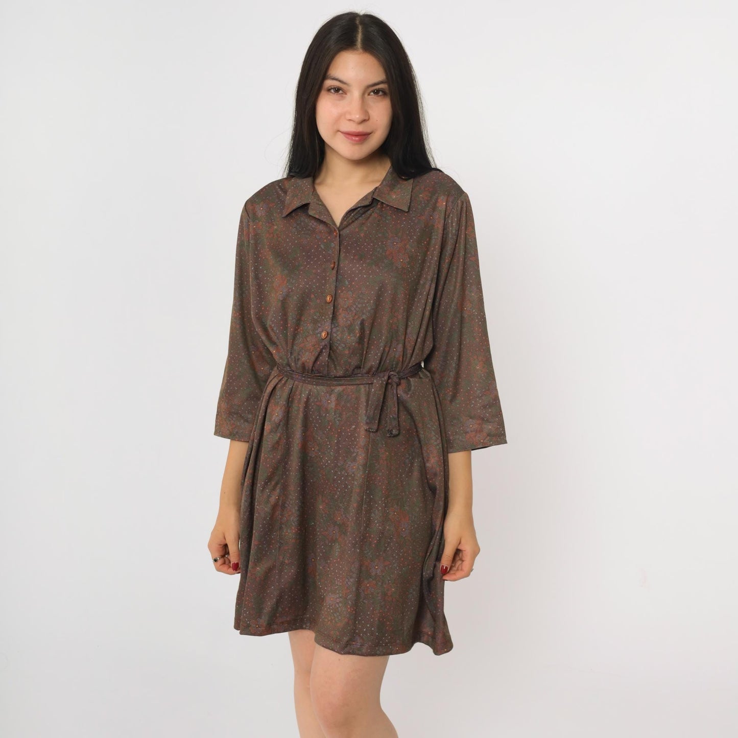 70s Brown Floral Mini Shirtdress Button-Up 3/4 Sleeve High Waist Extra Large