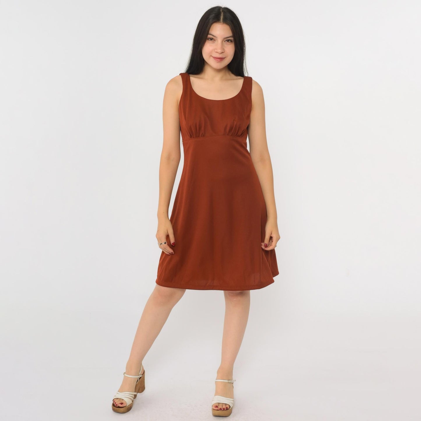 1970s Rust Brown Babydoll Mini Dress Empire Waist Scoop Neck Sleeveless Small