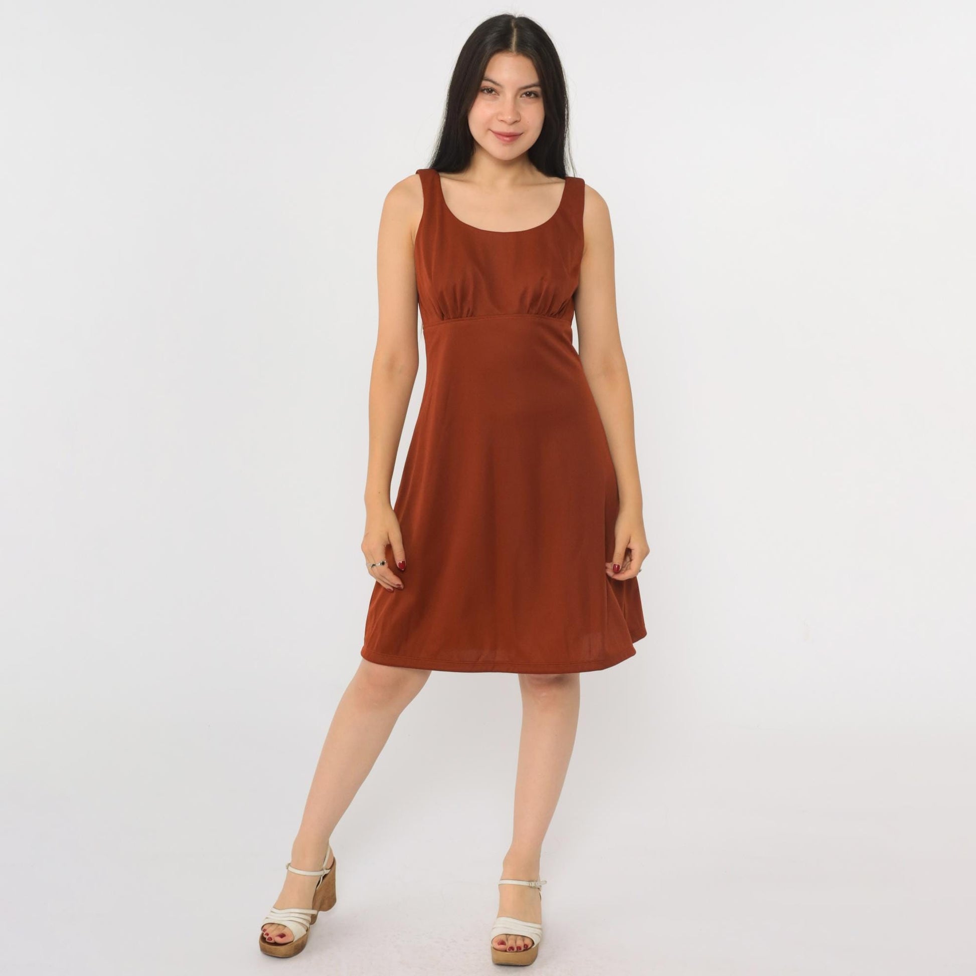 1970s Rust Brown Babydoll Mini Dress Empire Waist Scoop Neck Sleeveless Small