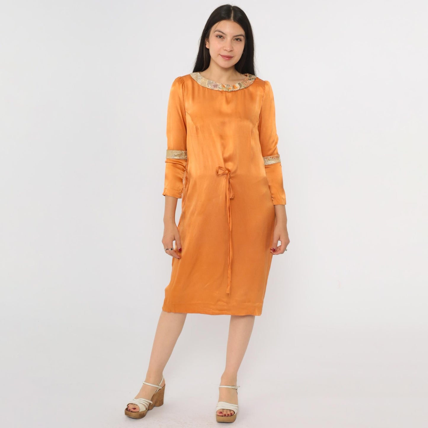 70s Orange Satin Midi Dress Floral Brocade Trim Tie Waist Puff Sleeve Small