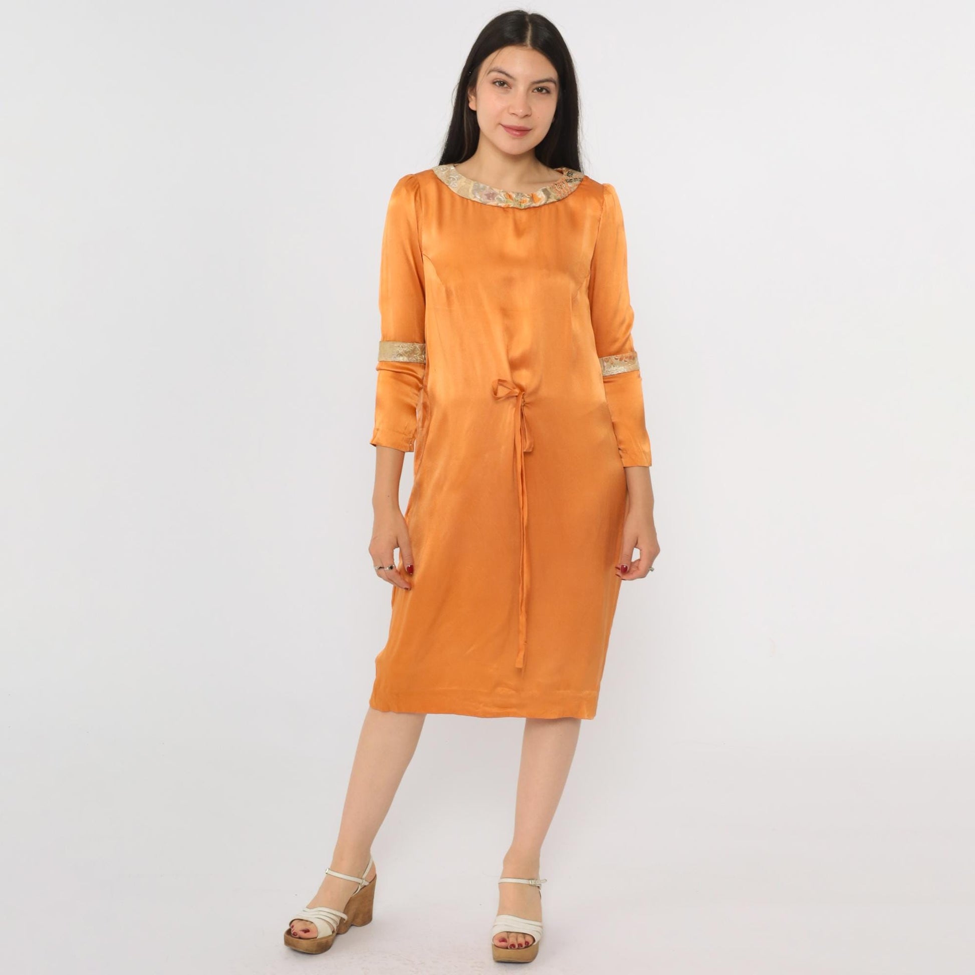 70s Orange Satin Midi Dress Floral Brocade Trim Tie Waist Puff Sleeve Small