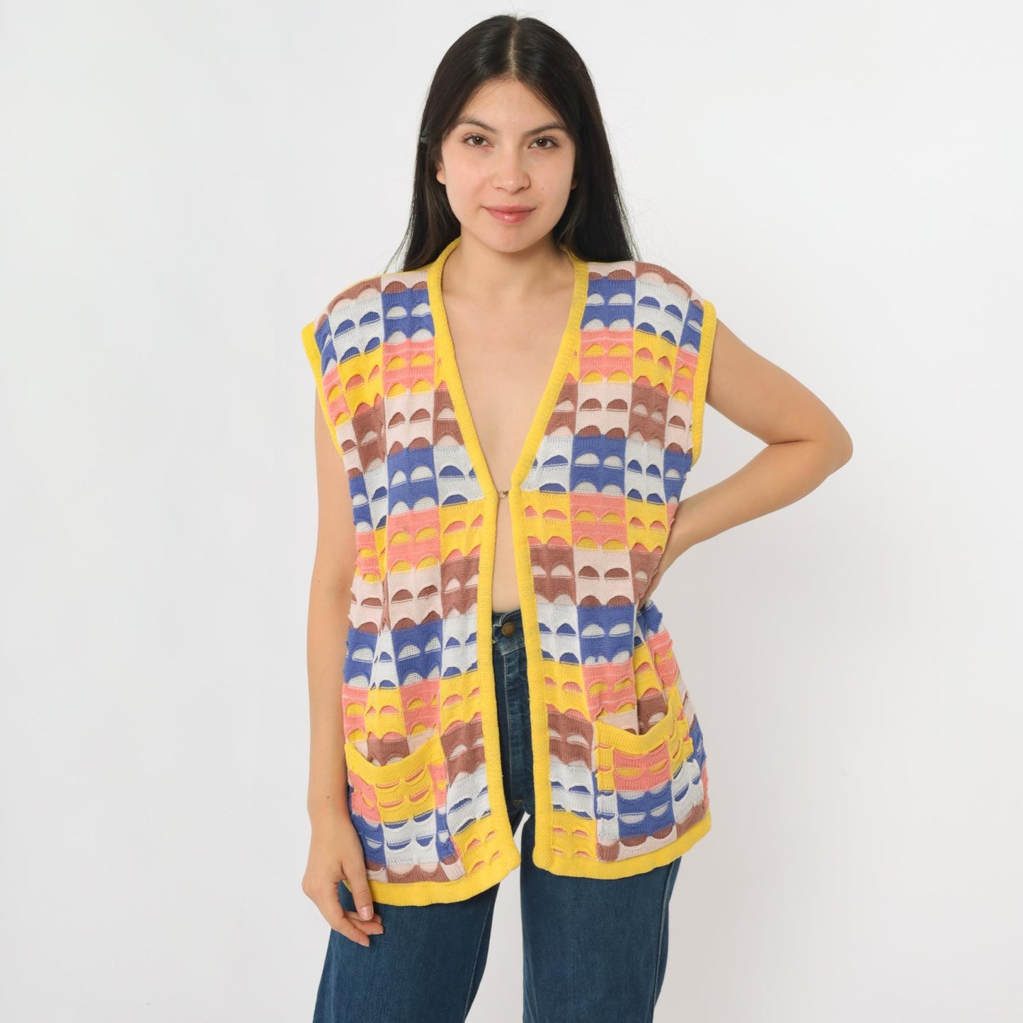 70s Patchwork Knit Vest Yellow Multicolor Open Front Sleeveless Large L