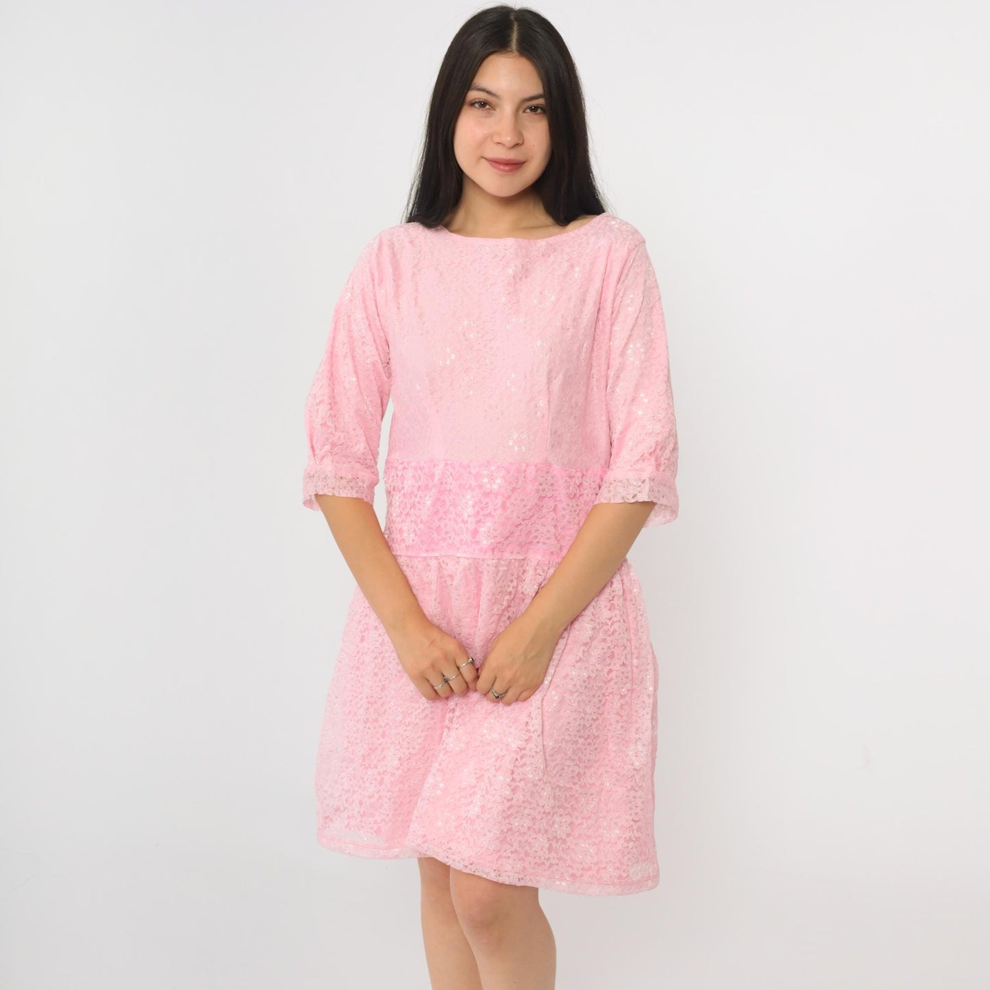 80s Baby Pink Lace Mini Dress Drop Waist Half Sleeve Gathered Skirt Medium M
