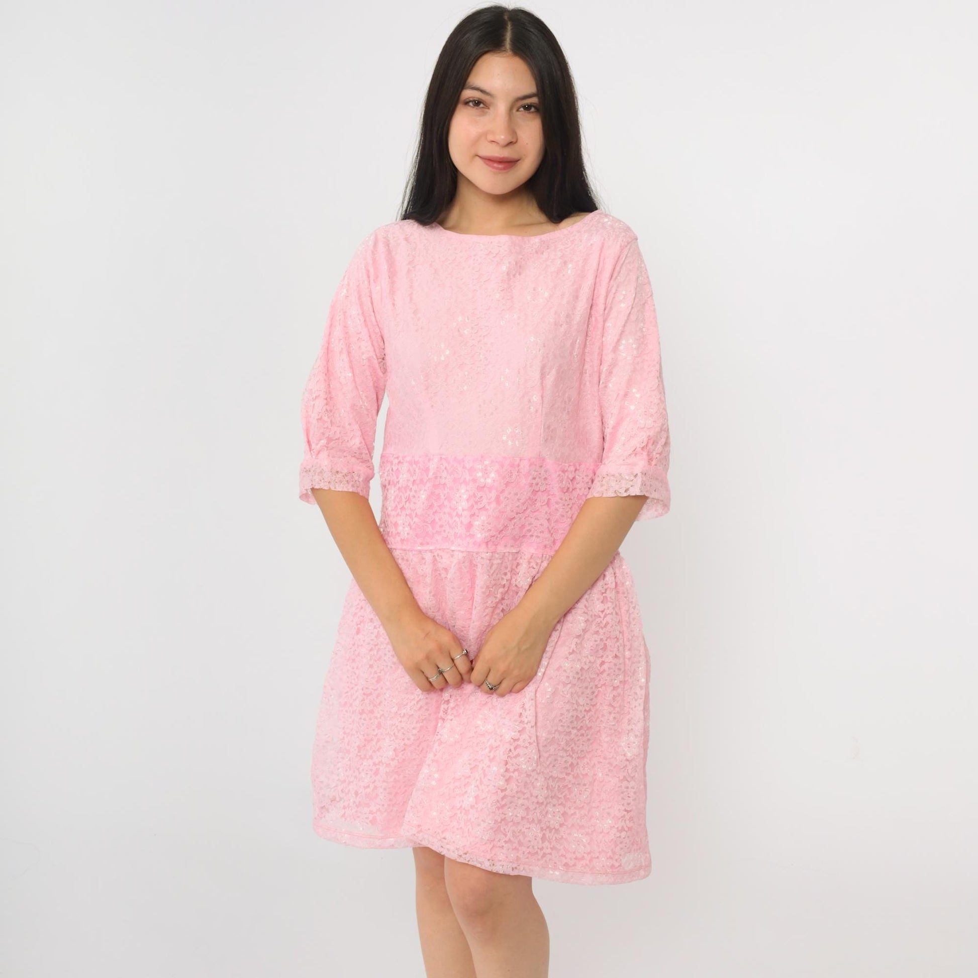 80s Baby Pink Lace Mini Dress Drop Waist Half Sleeve Gathered Skirt Medium M