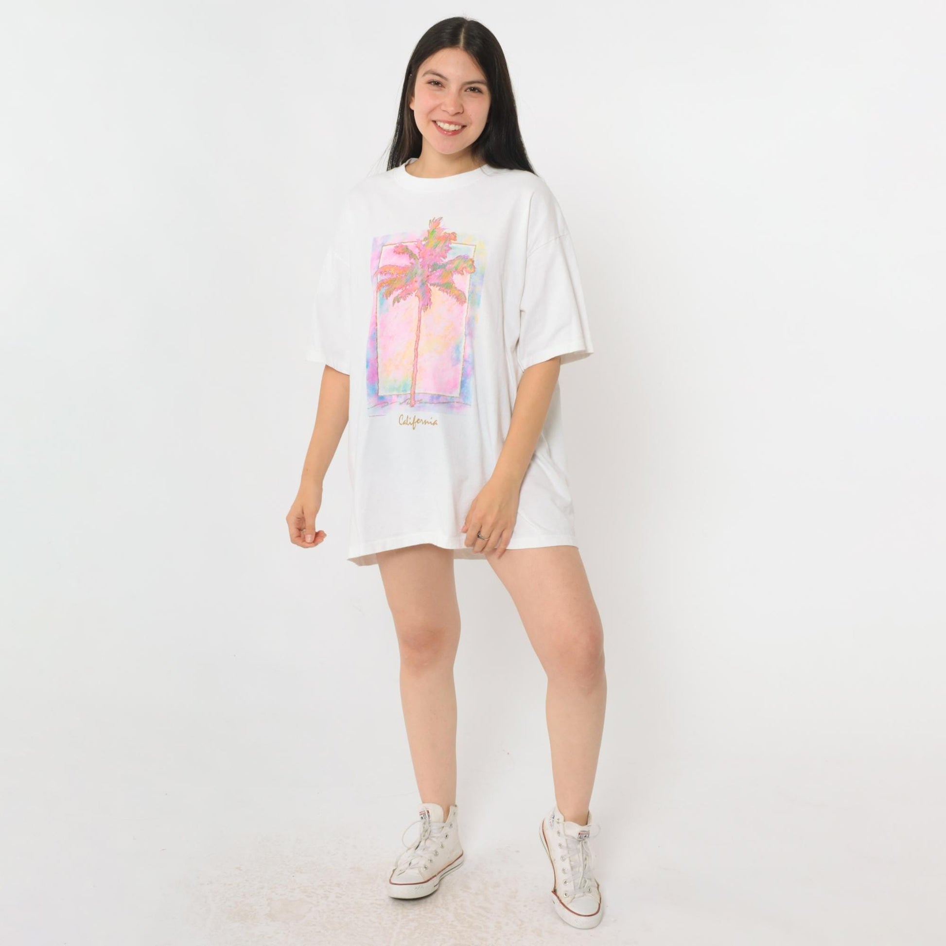 90s California Palm Trees Metallic Graphic T-Shirt White Gold Glitter Extra Large