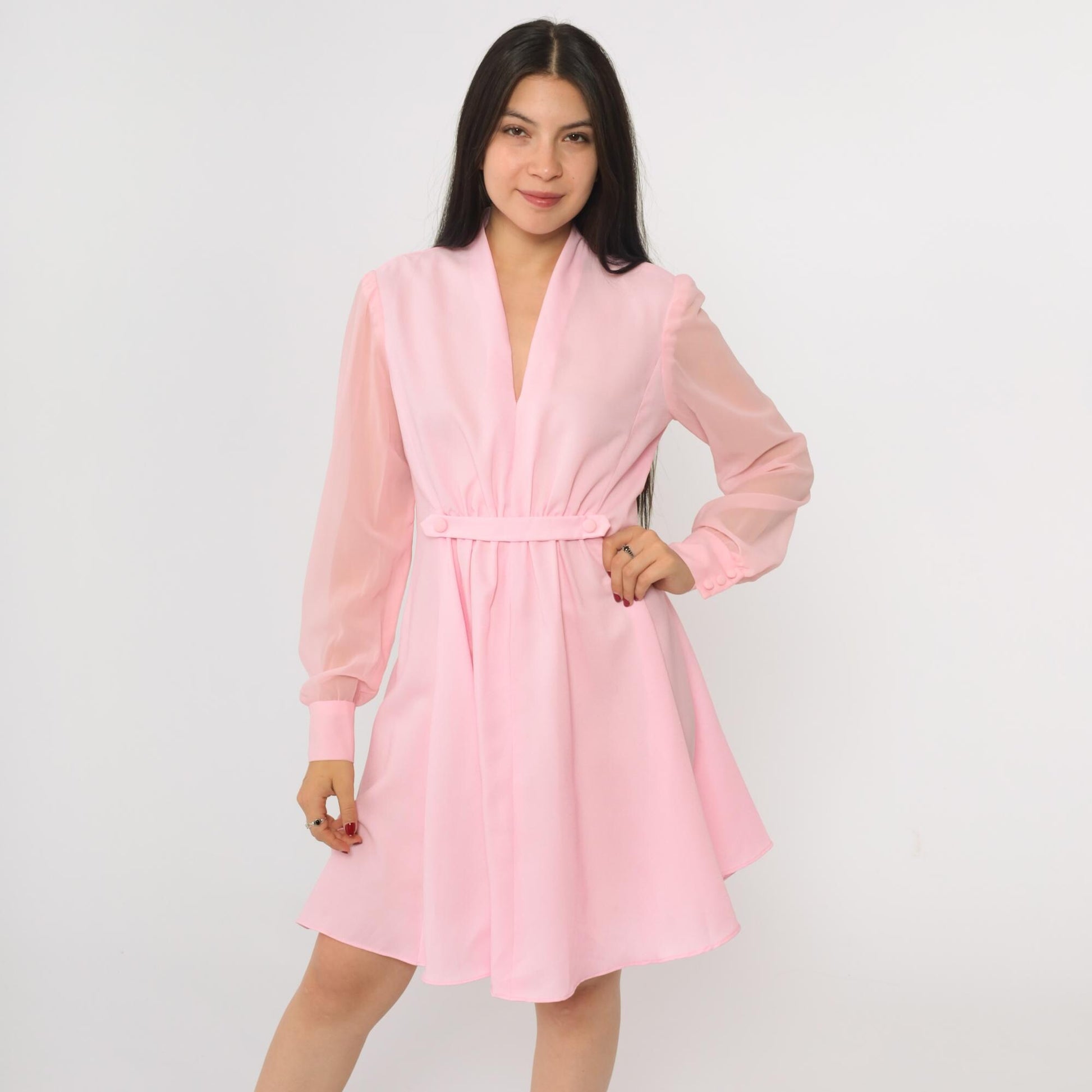 70s Pink Mini Dress V-Neck Sheer Chiffon Sleeve High Waist Gathered Medium