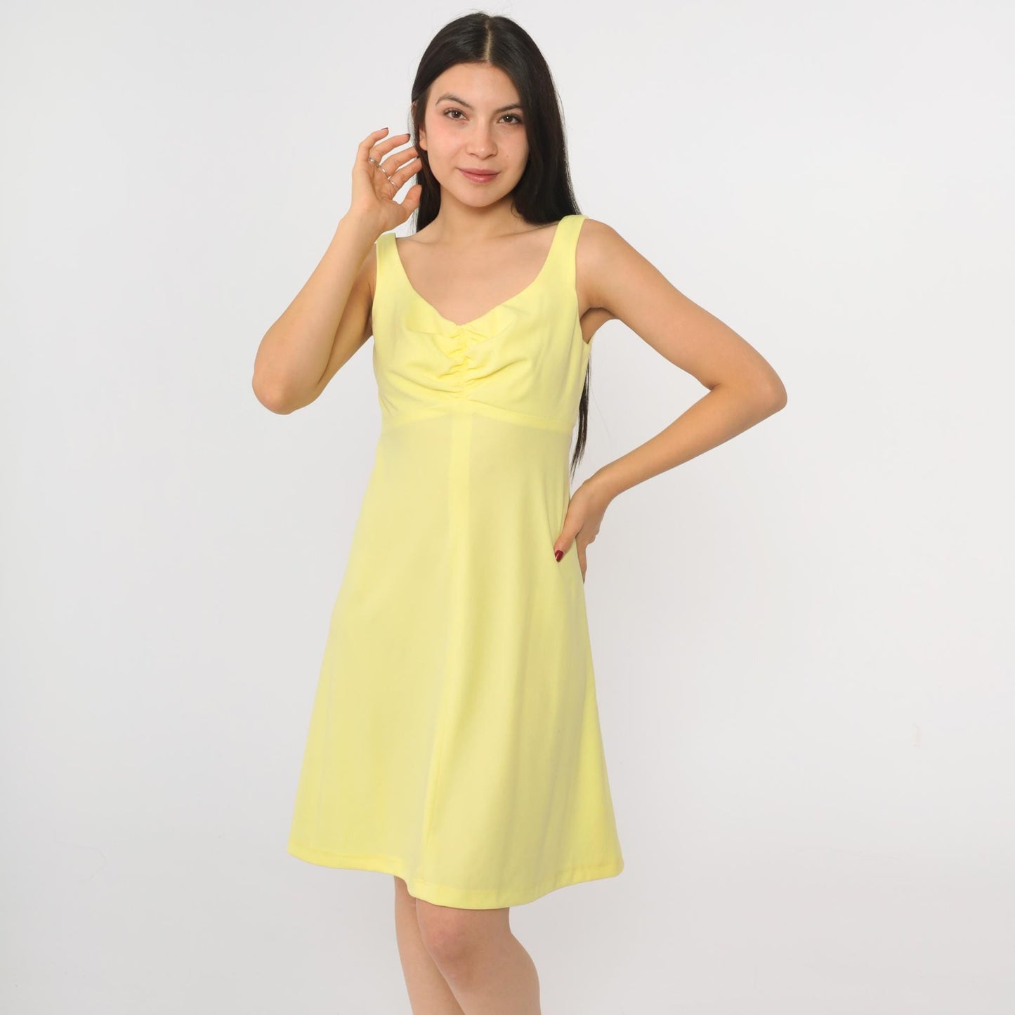 70s Yellow Babydoll Mini Dress Empire Waist Scoop Neck Sleeveless Small