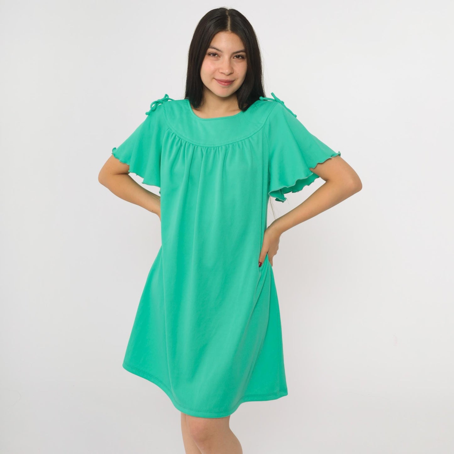 70s Green Flutter Sleeve Mini Dress Tent Cut Lettuce Edge Large L