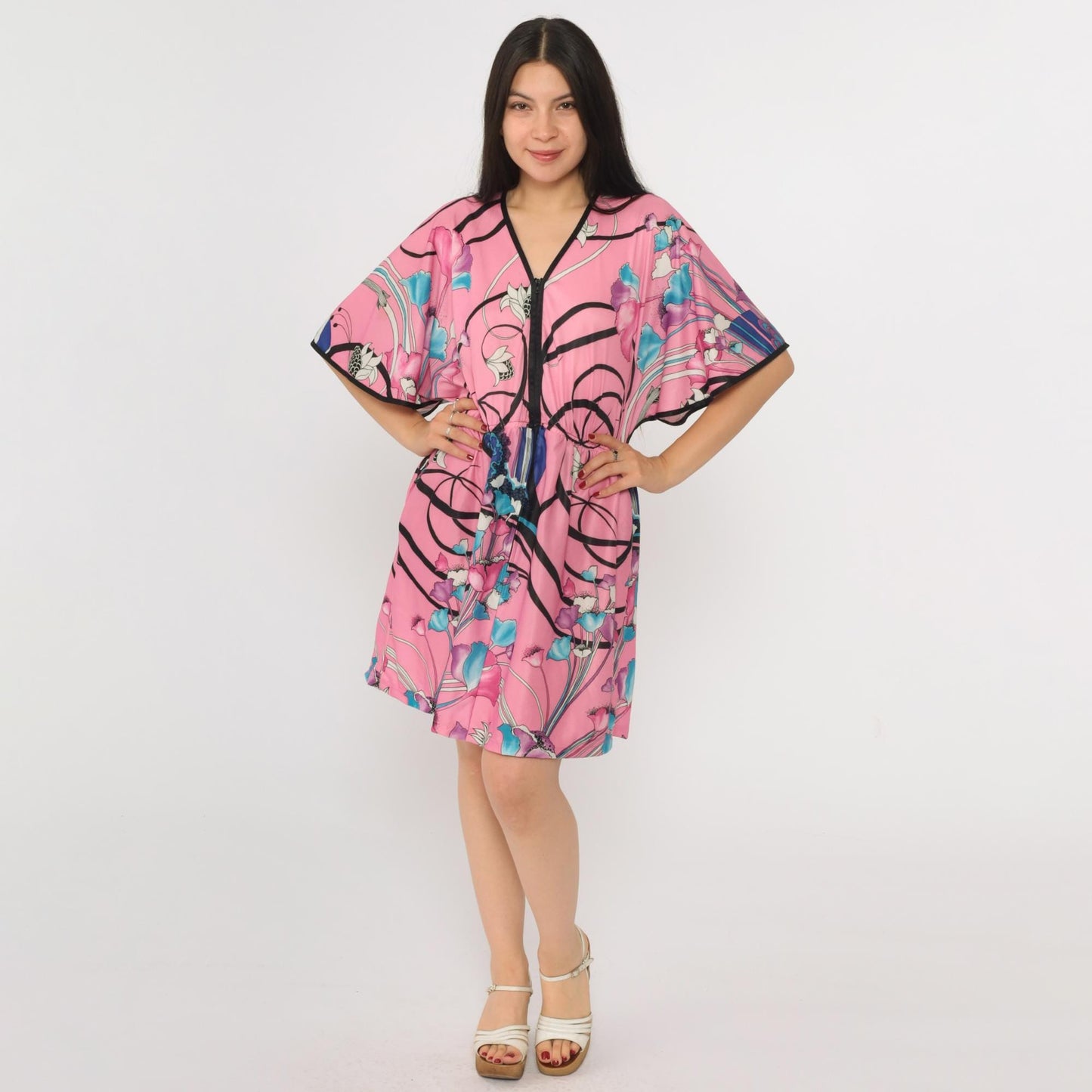 70s Pink Floral Mini Dress V Neck Flutter Sleeve High Waist Zip Front Medium