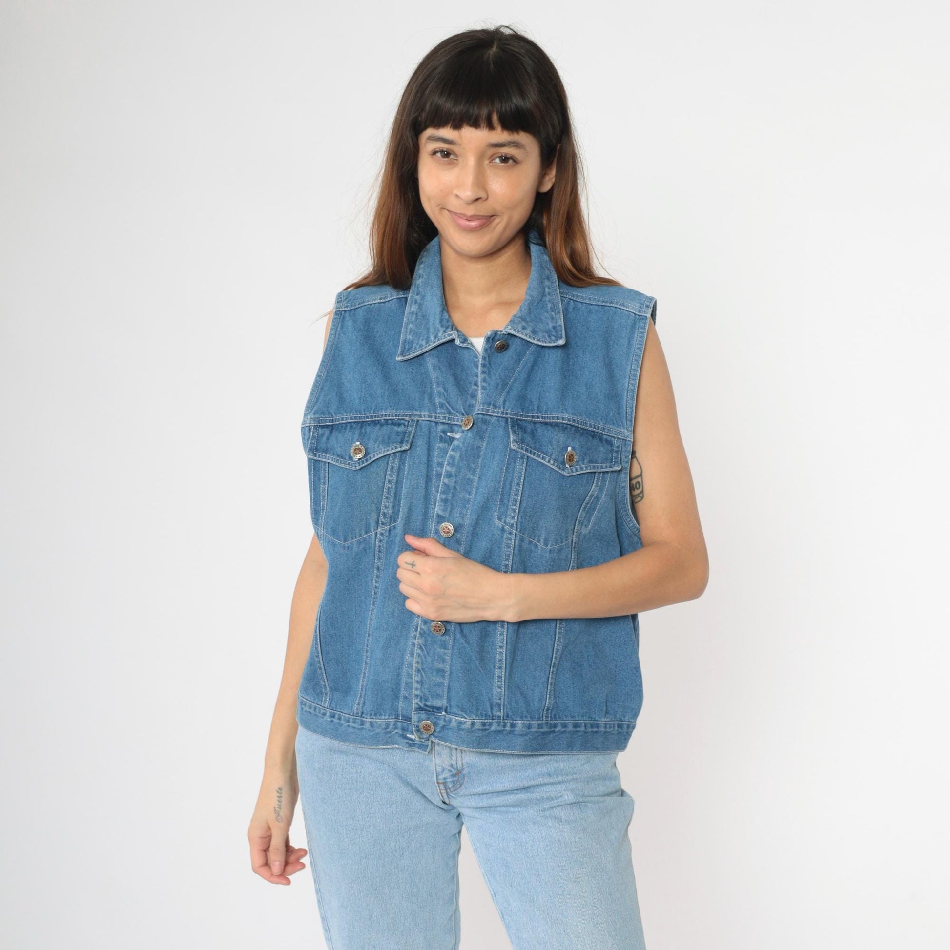 Y2K Faded Glory Denim Vest Blue Button-Up Sleeveless Large L