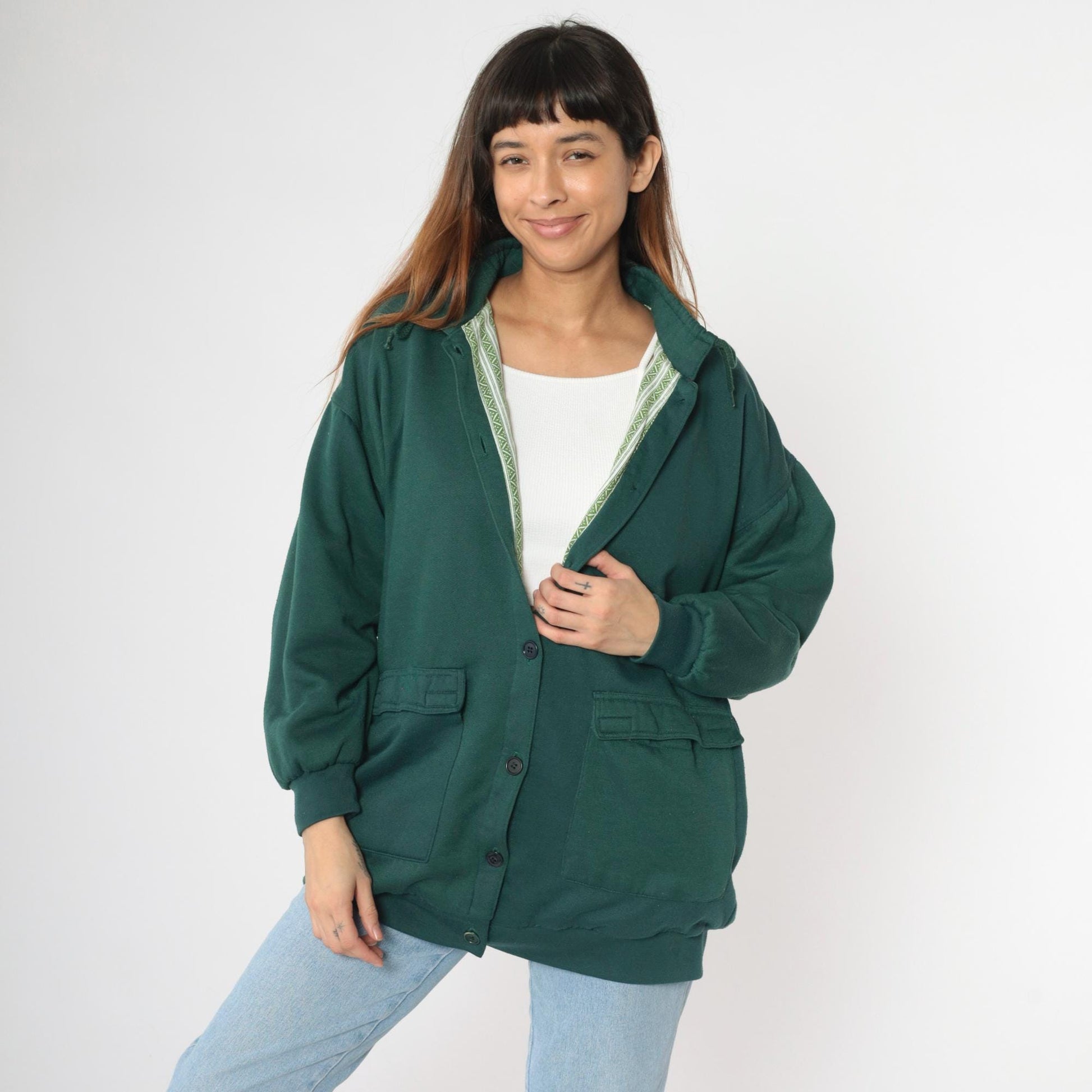 90s Gottschalks Green Cargo Pocket Sweatshirt Jacket Button Front Large L