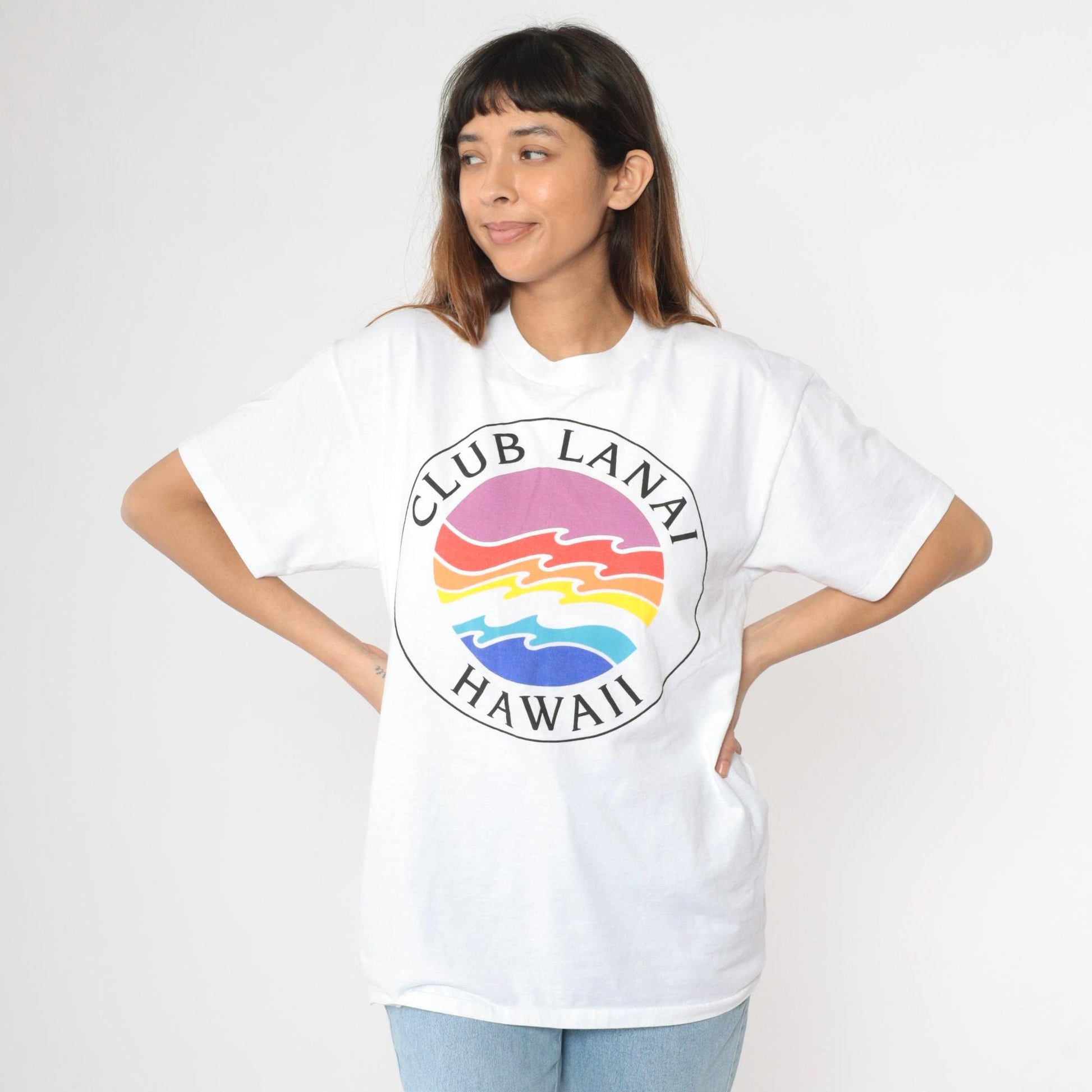 90s Club Lanai Hawaii Rainbow Wave Graphic T-Shirt White Large