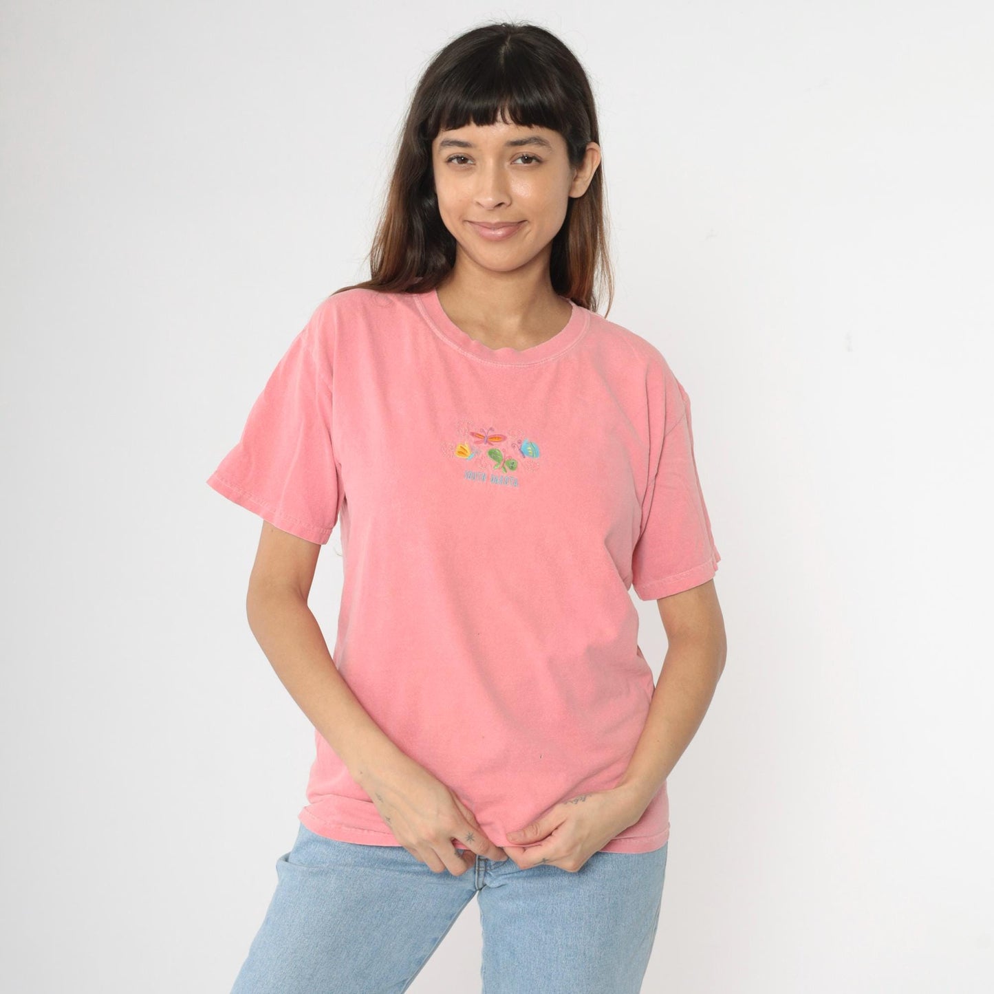 Y2K South Dakota Butterfly Embroidered Pink Graphic Tee Cotton Medium