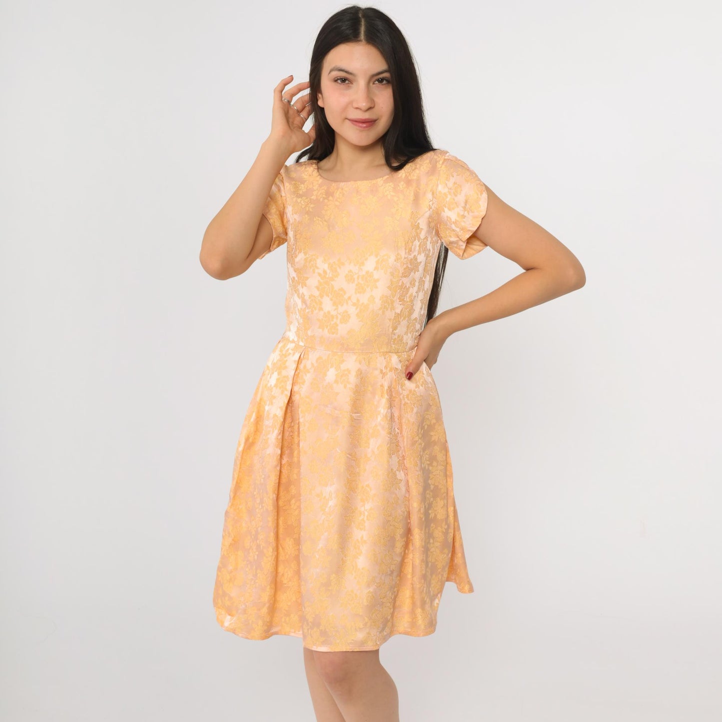 1960s Peach Yellow Floral Jacquard Party Dress Tulip Sleeve Mini Extra Small
