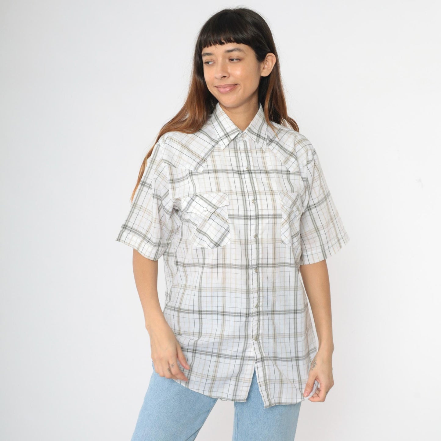 90s Plains Westernwear Pearl Snap Shirt White Plaid Short Sleeve Men's Medium