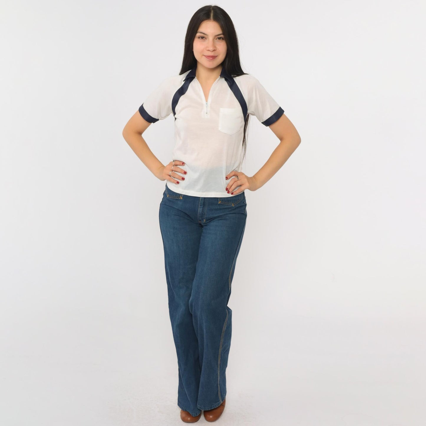 80s Bardor White Polo Shirt Navy Striped Quarter Zip Short Sleeve XXS