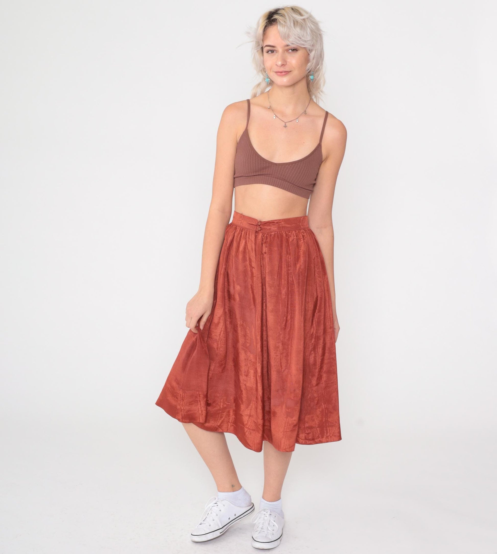 80s Rust Orange Midi Skirt High Waist Pleated Full A-Line Extra Small