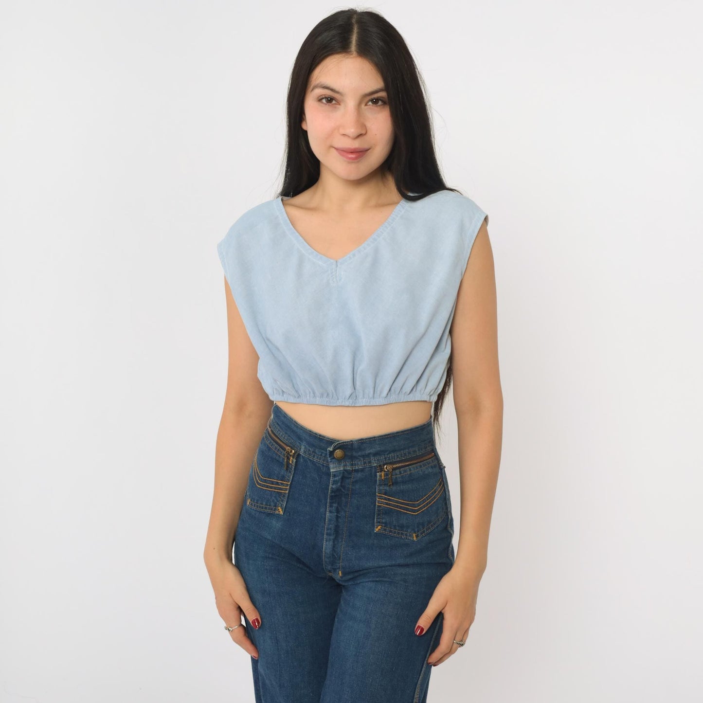 80s Light Blue Crop Top V-Neck Cap Sleeve Small