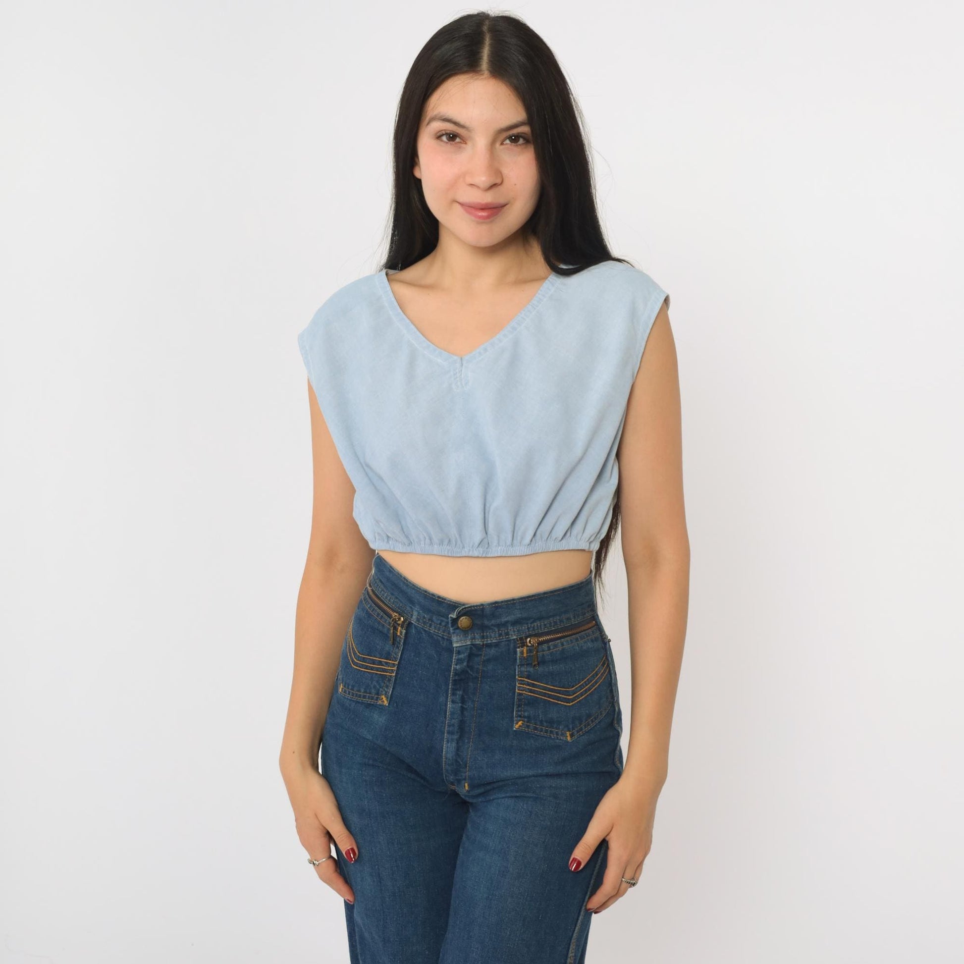 80s Light Blue Crop Top V-Neck Cap Sleeve Small