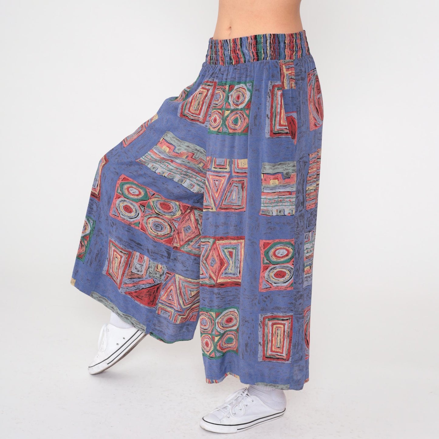 90s Christina James Wide Leg Pants Blue Geometric Patchwork High Waist Small