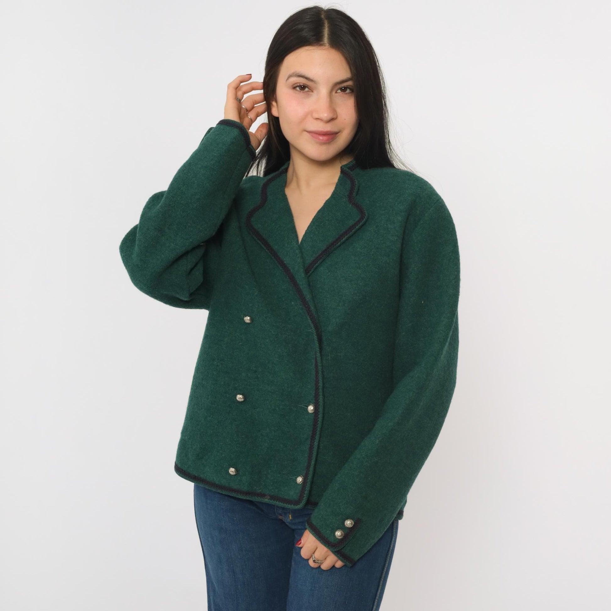 80s Lands' End Austrian Wool Jacket Double Breasted Green Tyrolean Blazer Large 12