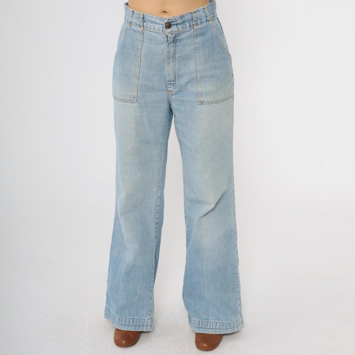 70s Wide Leg Jeans Faded Blue Denim High Waist Bell Bottom Small
