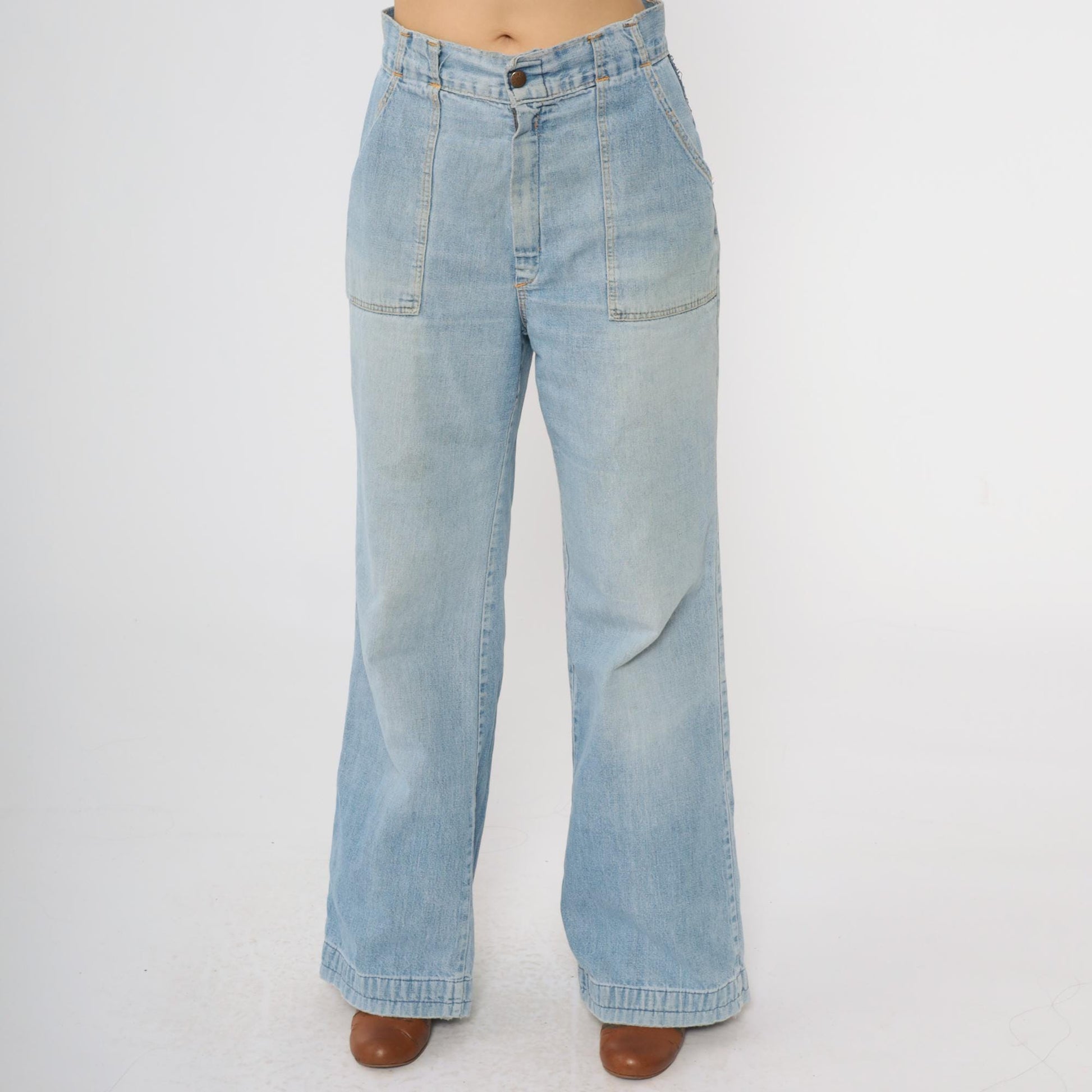 70s Wide Leg Jeans Faded Blue Denim High Waist Bell Bottom Small