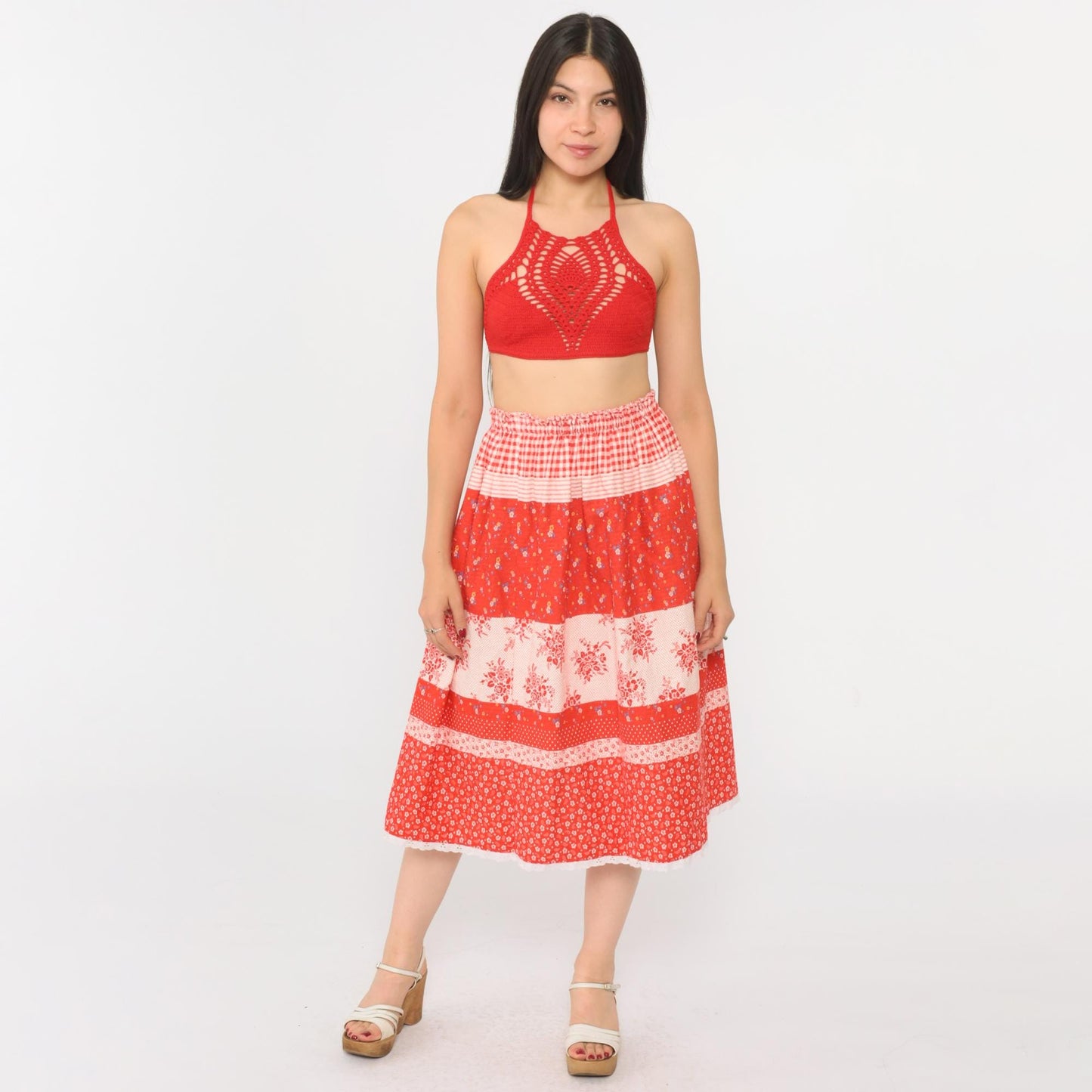 70s Red Floral Gingham Tiered Midi Skirt Elastic Waist Eyelet Lace Small Medium