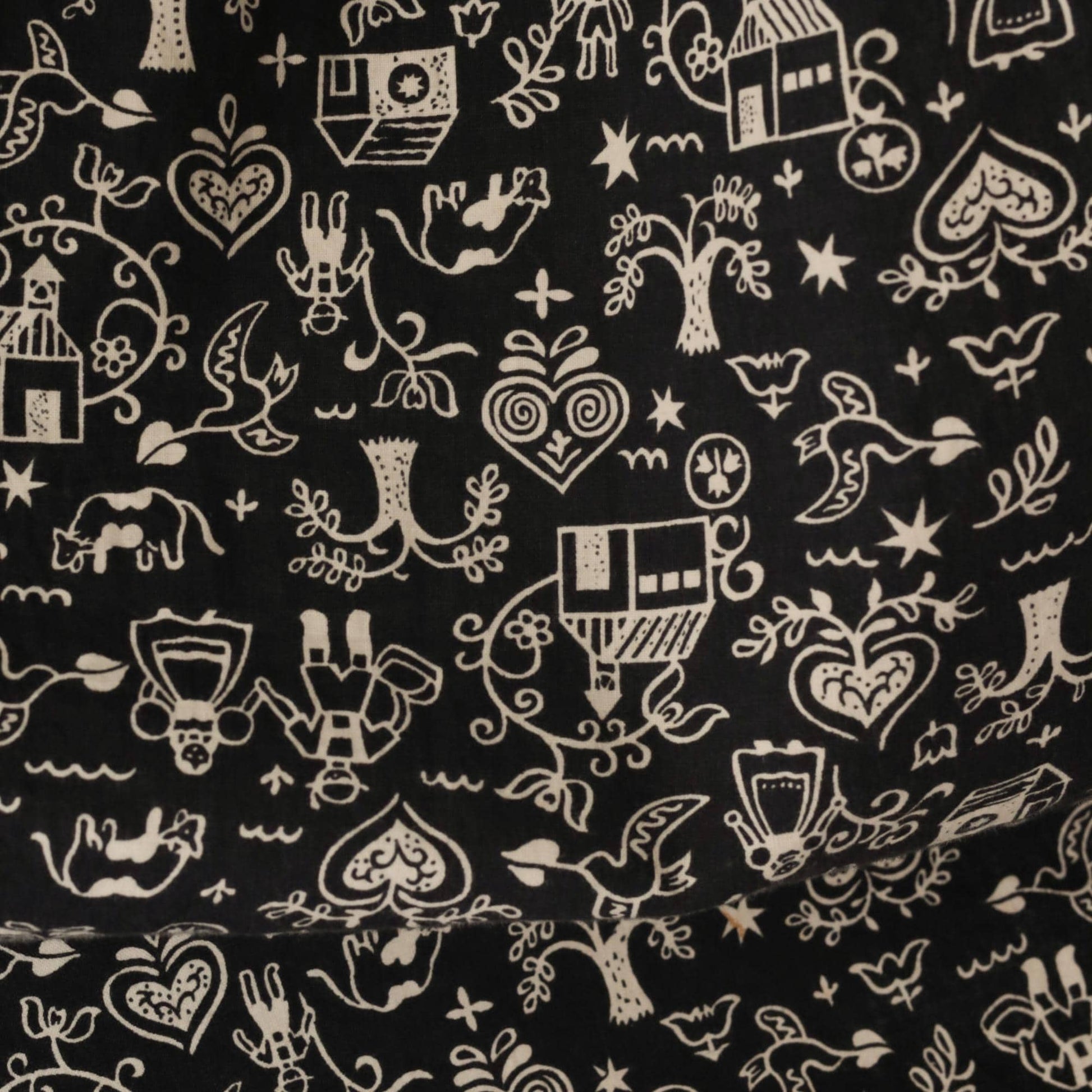 1960s Austrian Folk Circle Skirt Black Cotton Cream Tyrolean Print XS