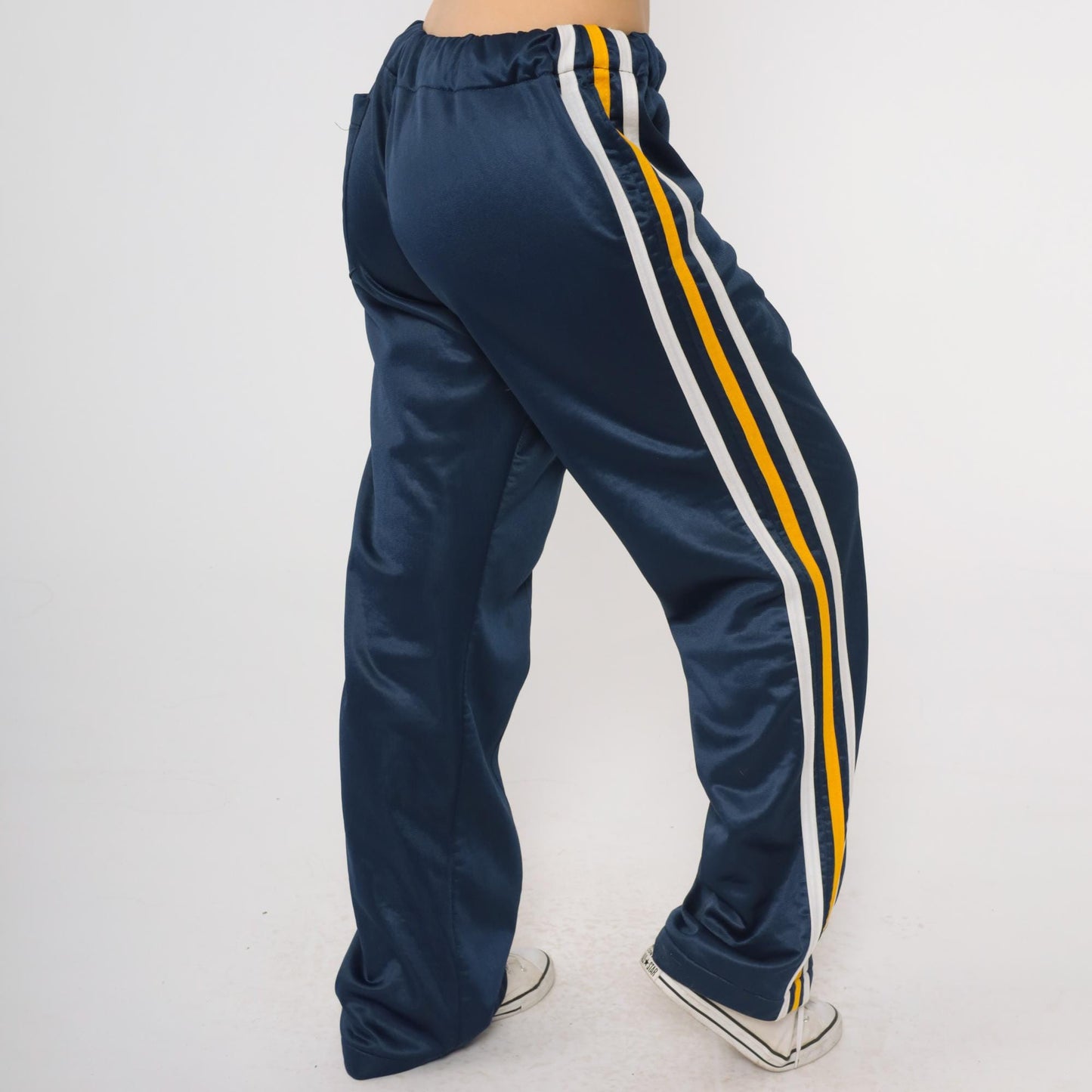 80s Navy Track Pants White Yellow Stripe Wide Leg Elastic Waist Medium Large