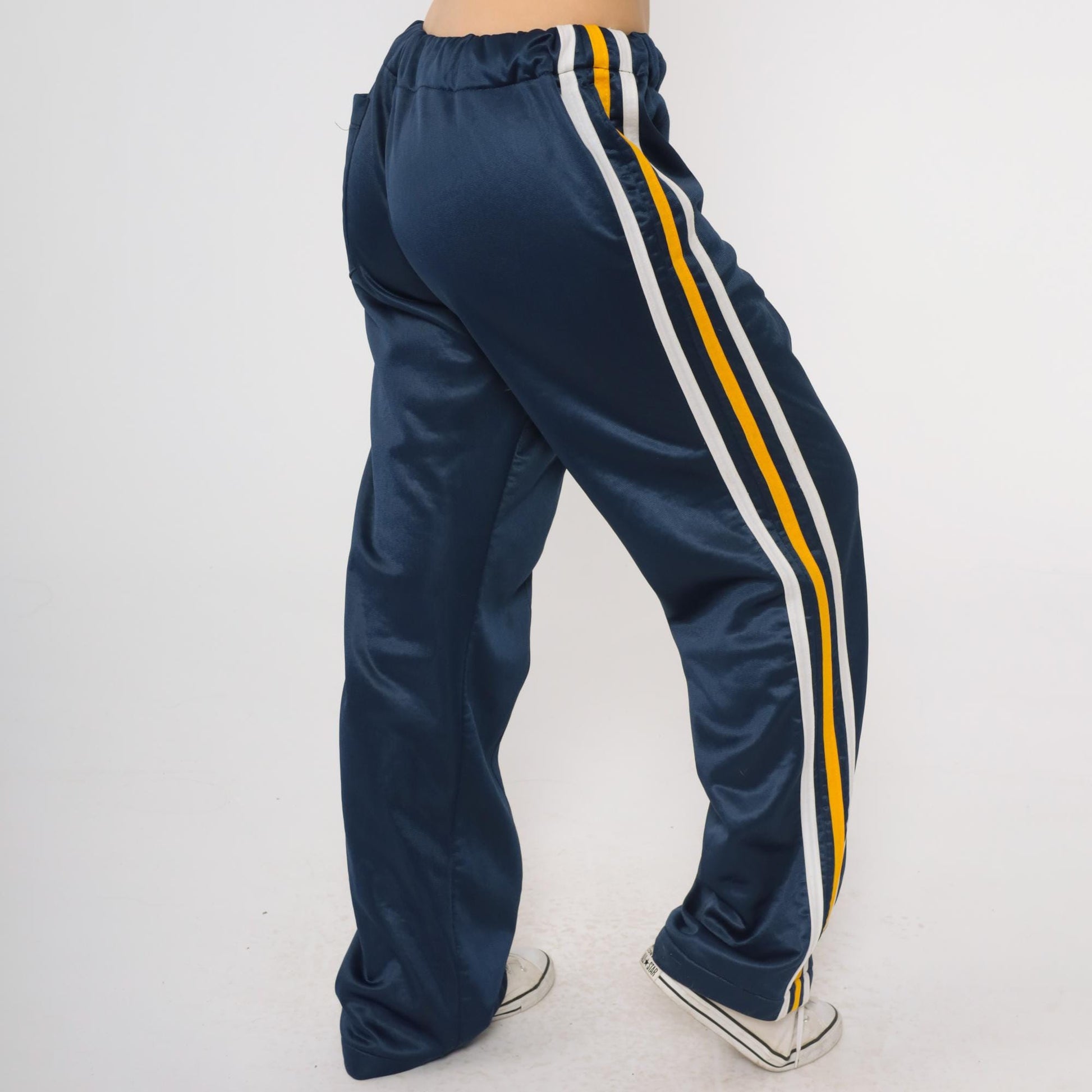 80s Navy Track Pants White Yellow Stripe Wide Leg Elastic Waist Medium Large